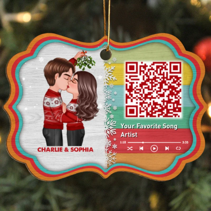 Couple Kissing Under Mistletoe Favorite Song Scannable QR Code Christmas Personalized Wooden Ornament - Image 5
