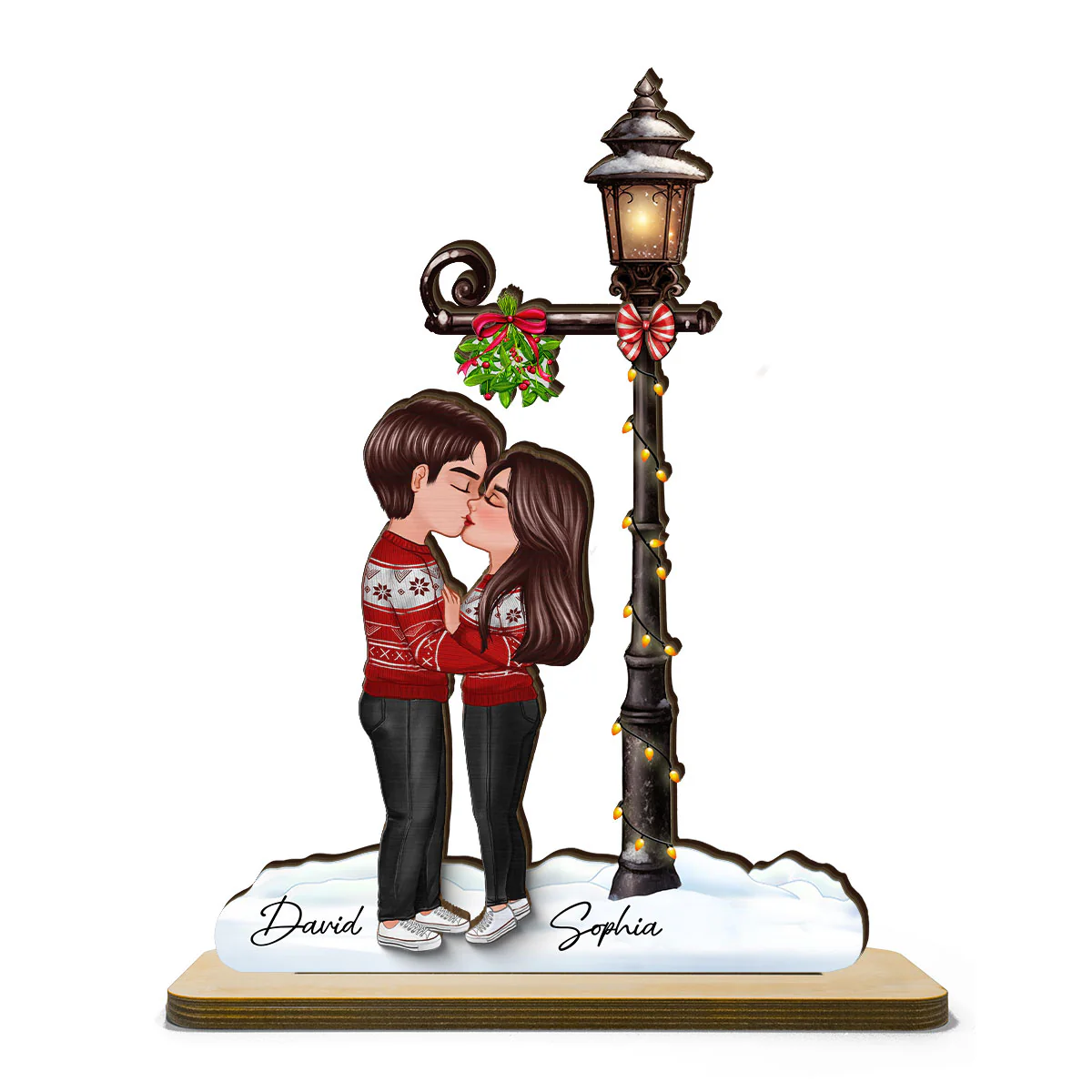 Couple Kissing Under Mistletoe Lamp Post Christmas Decor Personalized 2-Layer Standing Wooden Plaque - Image 2