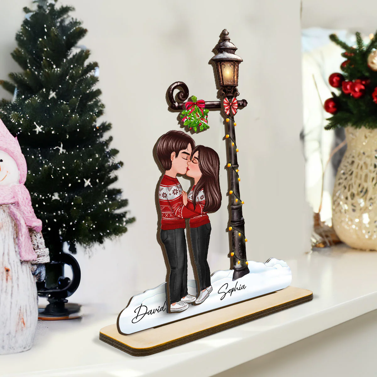 Couple Kissing Under Mistletoe Lamp Post Christmas Decor Personalized 2-Layer Standing Wooden Plaque - Image 3