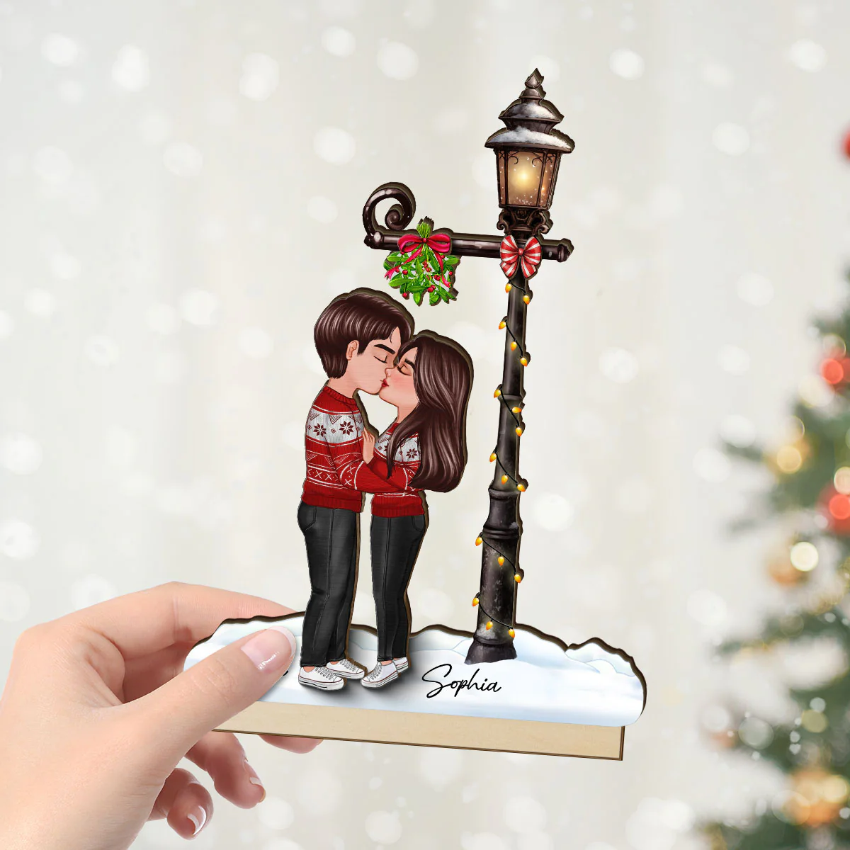 Couple Kissing Under Mistletoe Lamp Post Christmas Decor Personalized 2-Layer Standing Wooden Plaque - Image 4