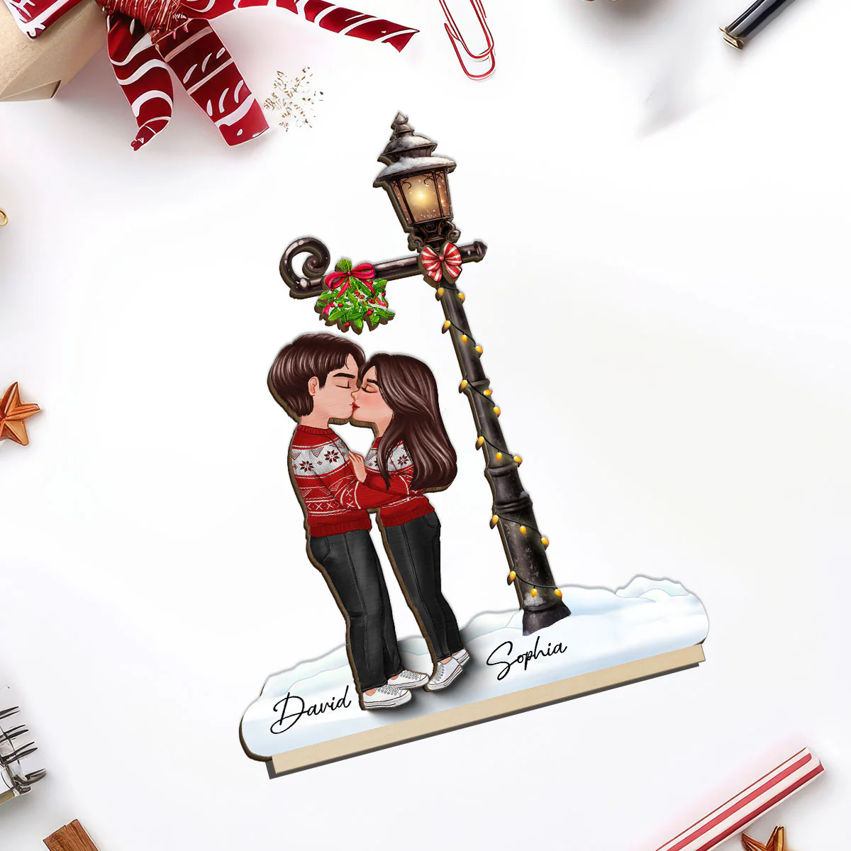 Couple Kissing Under Mistletoe Lamp Post Christmas Decor Personalized 2-Layer Standing Wooden Plaque - Image 5