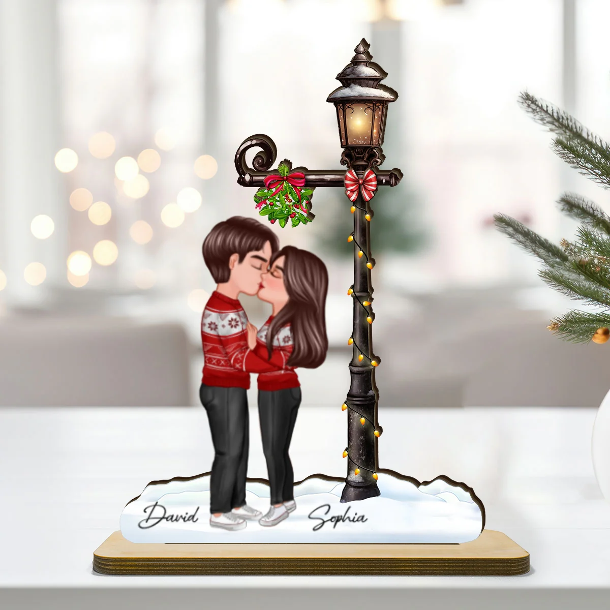 Couple Kissing Under Mistletoe Lamp Post Christmas Decor Personalized 2-Layer Standing Wooden Plaque - Image 8