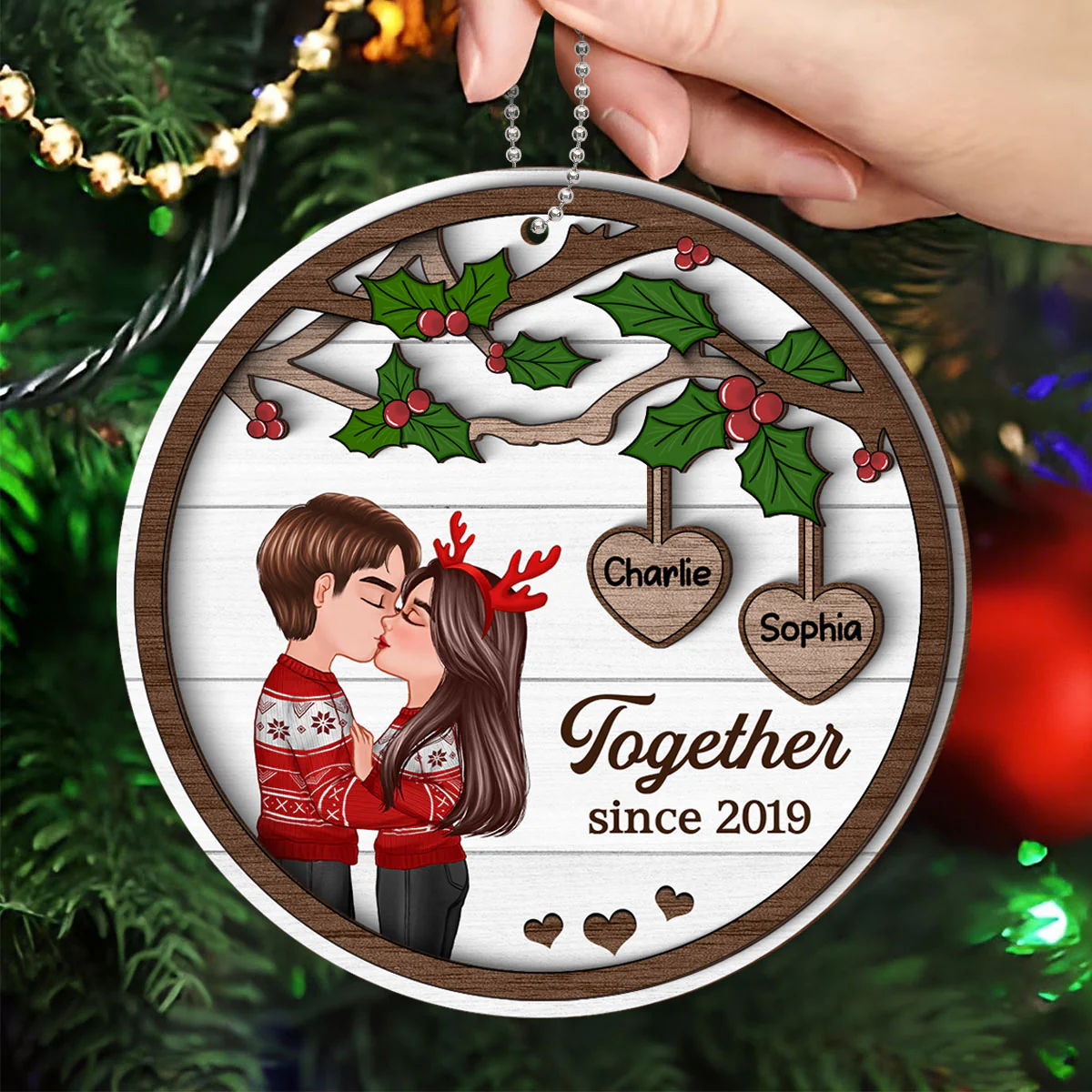 Couple Kissing Under Mistletoe Personalized 2-Layer Wooden Ornament, Christmas Gift For Him, For Her - Image 2