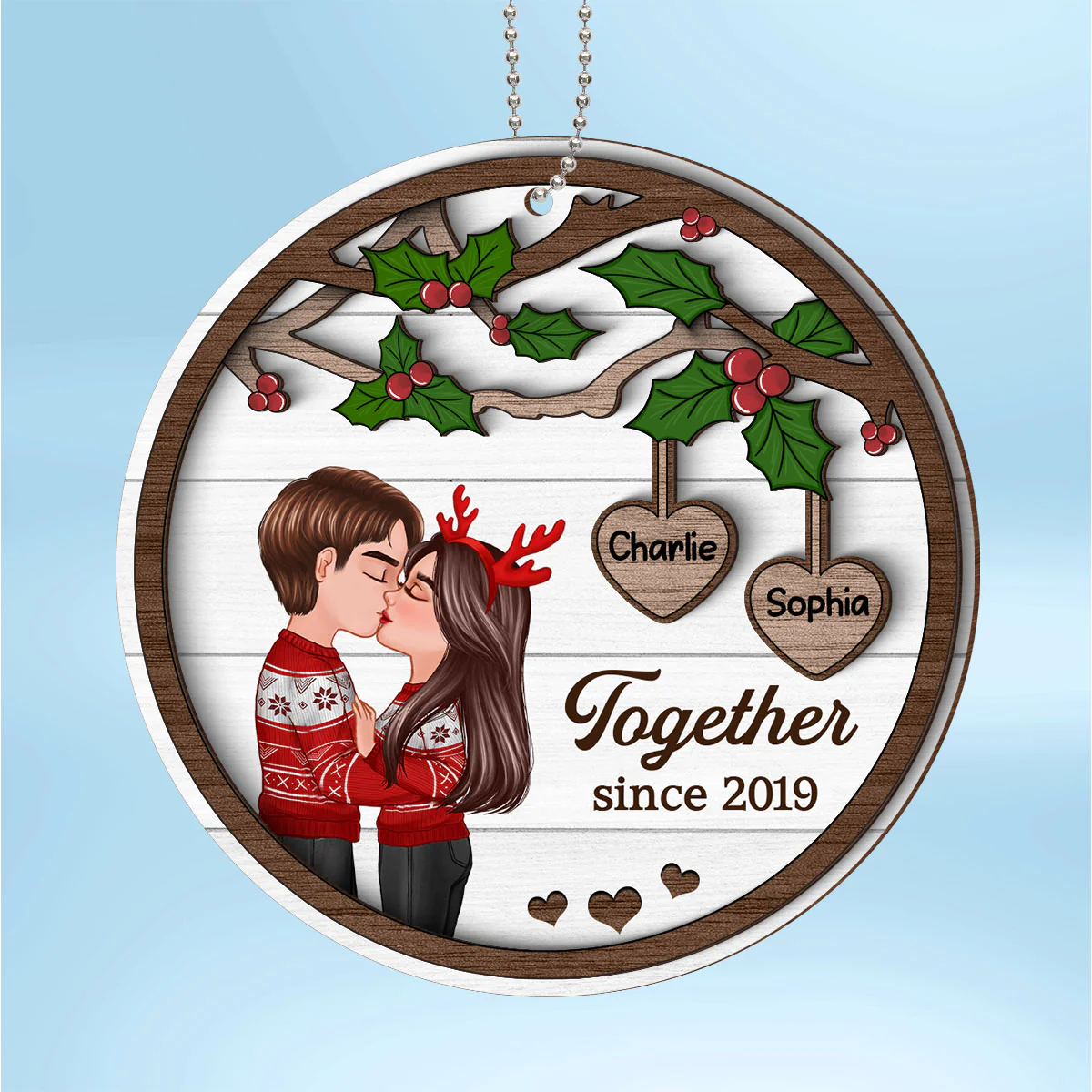 Couple Kissing Under Mistletoe Personalized 2-Layer Wooden Ornament, Christmas Gift For Him, For Her - Image 3