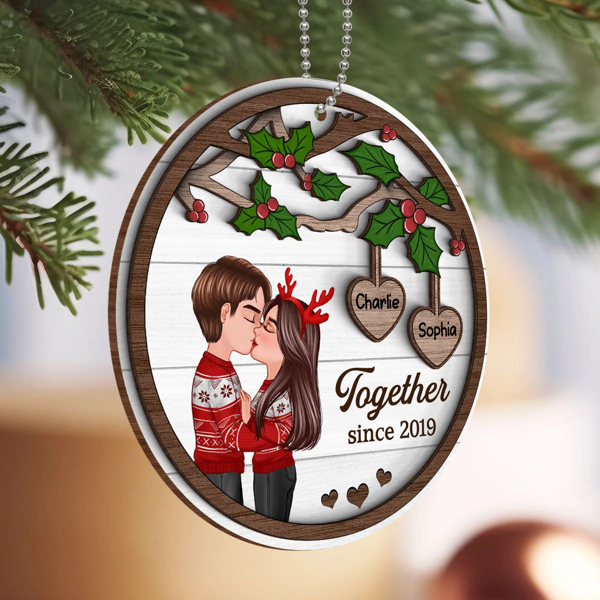 Couple Kissing Under Mistletoe Personalized 2-Layer Wooden Ornament, Christmas Gift For Him, For Her - Image 4