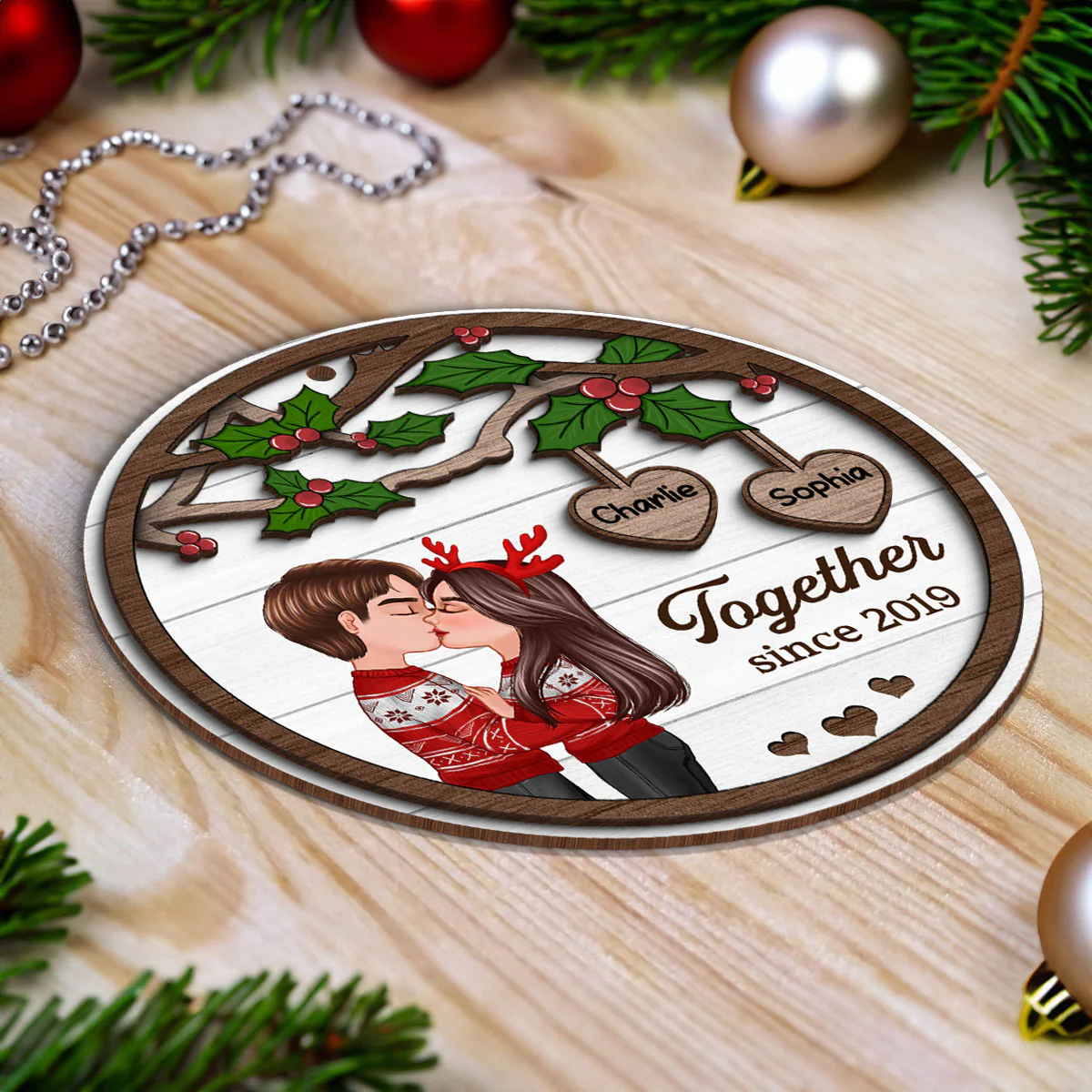 Couple Kissing Under Mistletoe Personalized 2-Layer Wooden Ornament, Christmas Gift For Him, For Her - Image 5