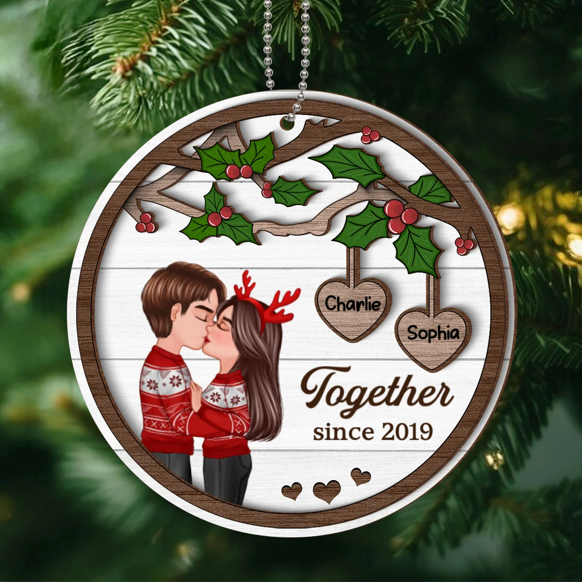 Couple Kissing Under Mistletoe Personalized 2-Layer Wooden Ornament, Christmas Gift For Him, For Her - Image 8