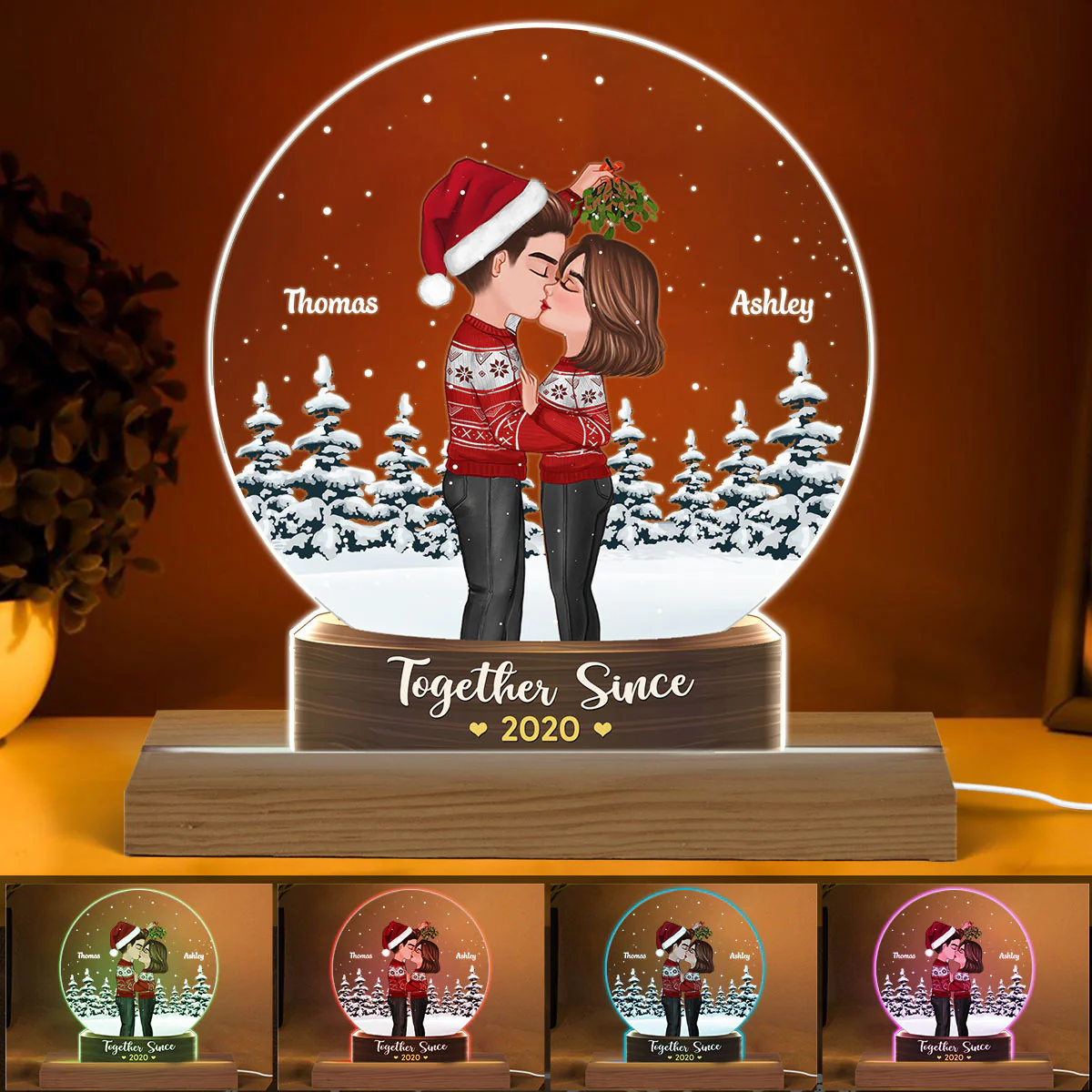 Couple Kissing Under Mistletoe Snow Globe Personalized Acrylic Custom Shape LED Night Light