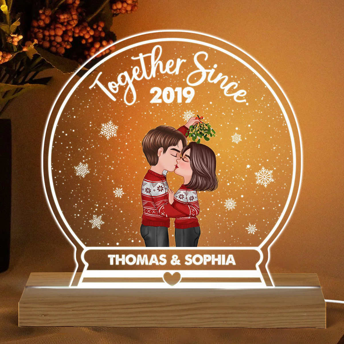Couple Kissing Under Mistletoe Together Since Personalized Snow Globe Shaped Acrylic Plaque With LED Night Light - Image 2