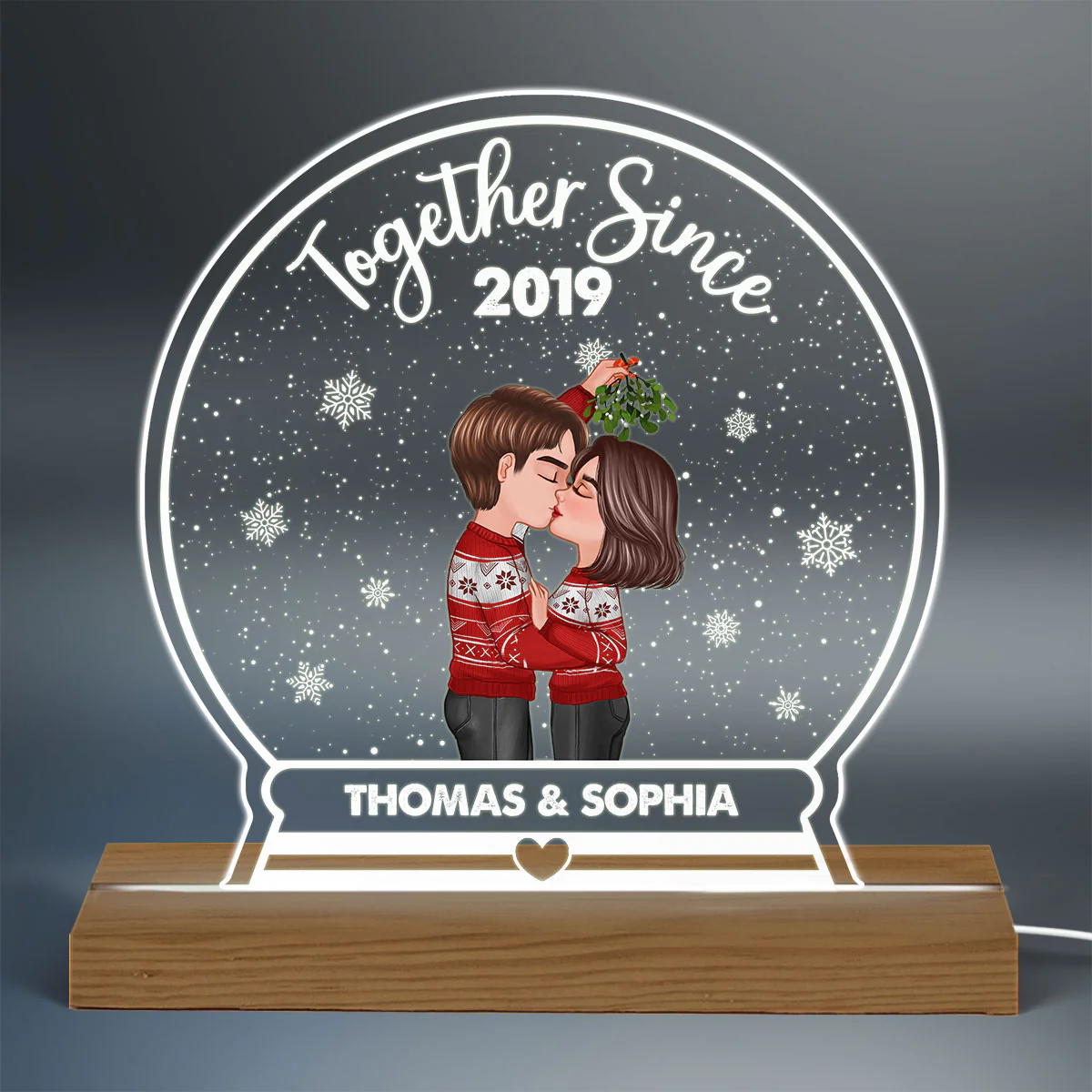 Couple Kissing Under Mistletoe Together Since Personalized Snow Globe Shaped Acrylic Plaque With LED Night Light - Image 3