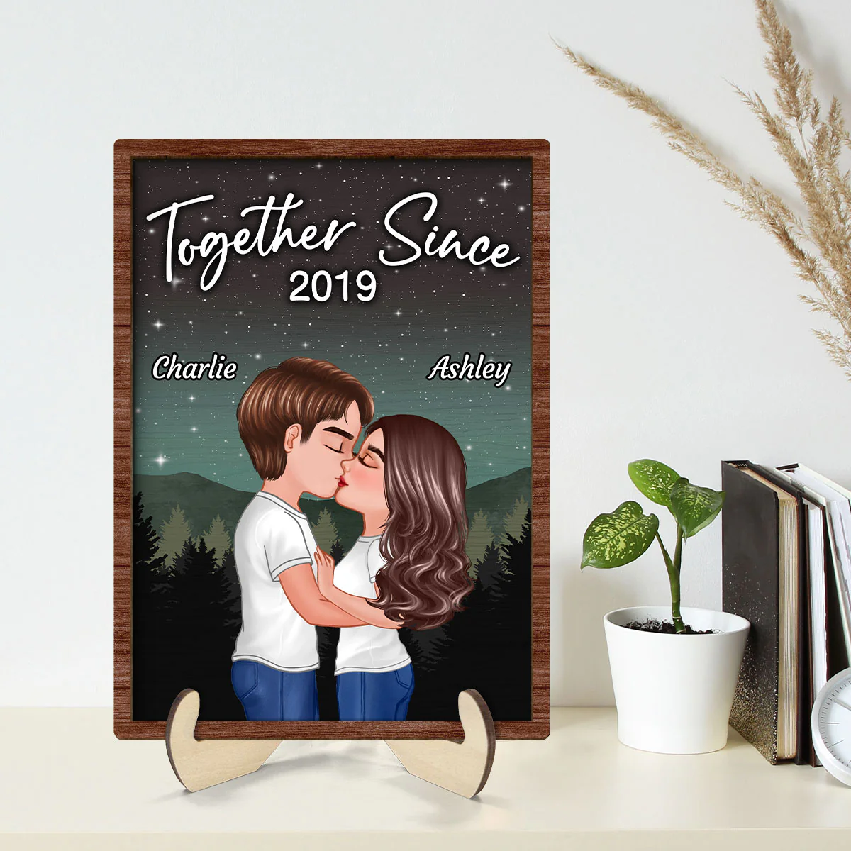 Couple Kissing Under Sky Night Personalized 2-layer Wooden plaque - Image 2
