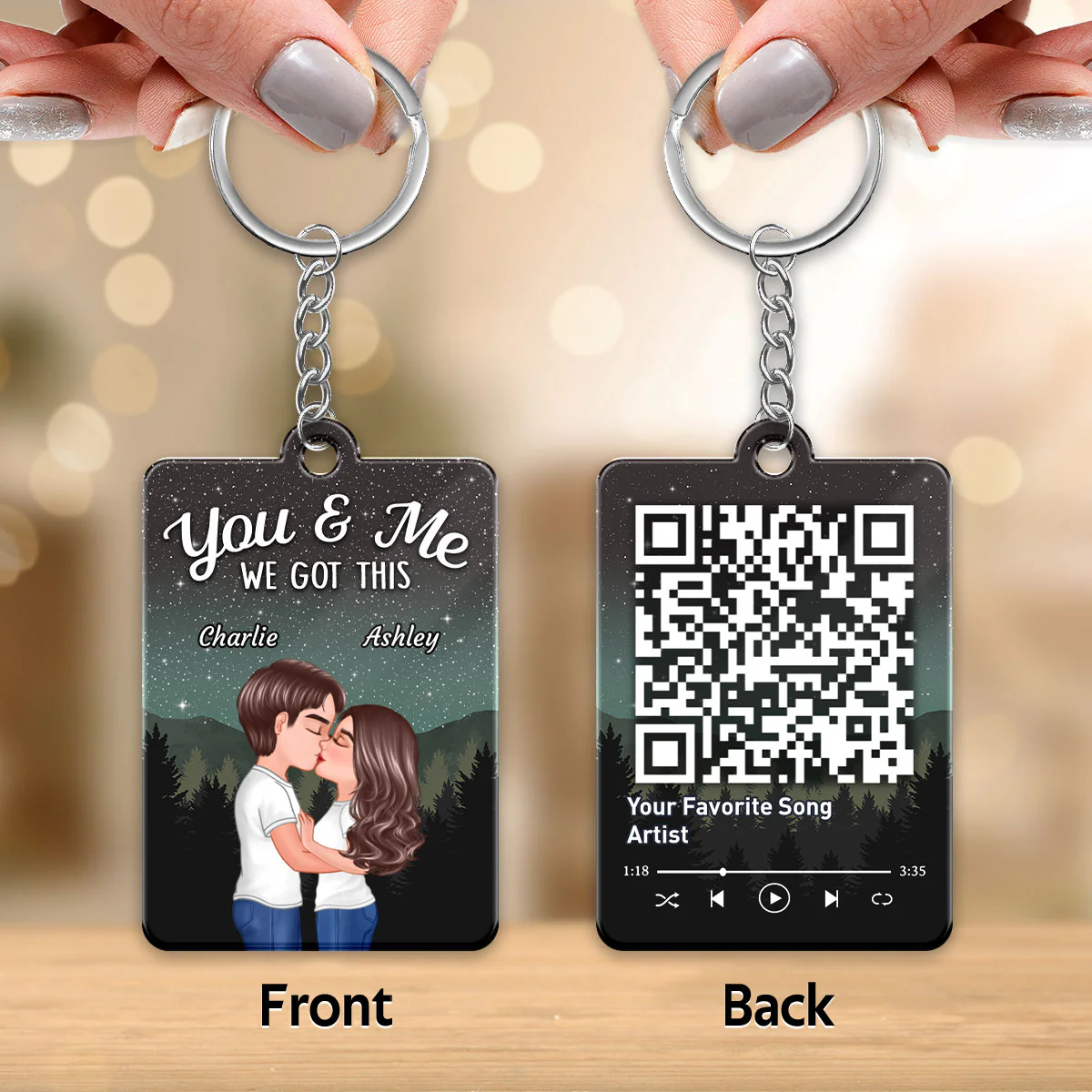 Couple Kissing Under Stars Sky Forest Favorite Song QR Code Personalized Acrylic Keychain - Image 3