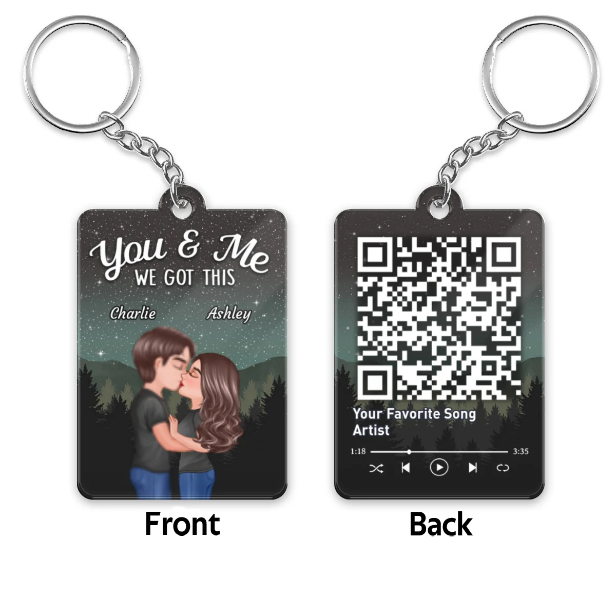 Couple Kissing Under Stars Sky Forest Favorite Song QR Code Personalized Acrylic Keychain - Image 4