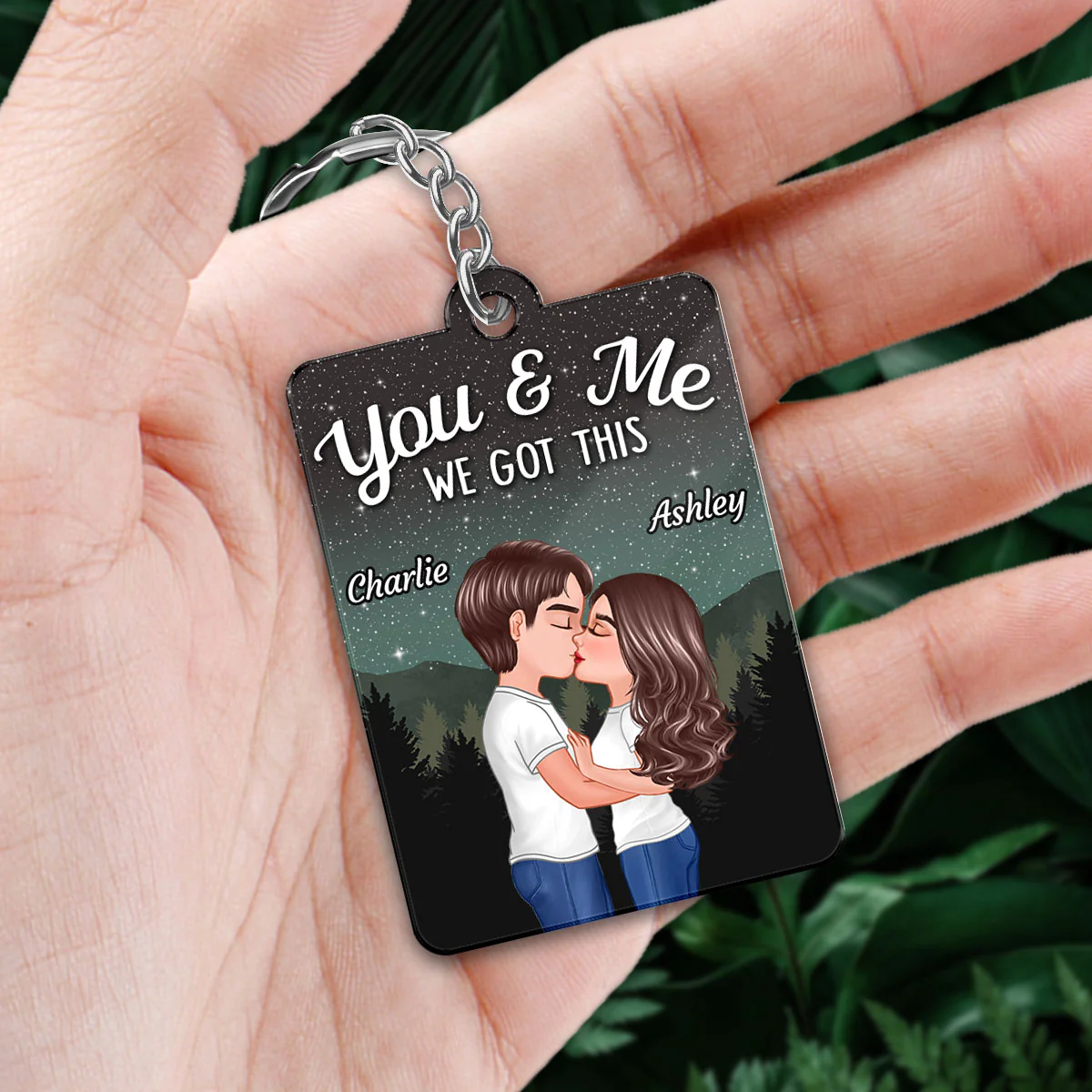 Couple Kissing Under Stars Sky Forest Favorite Song QR Code Personalized Acrylic Keychain - Image 2