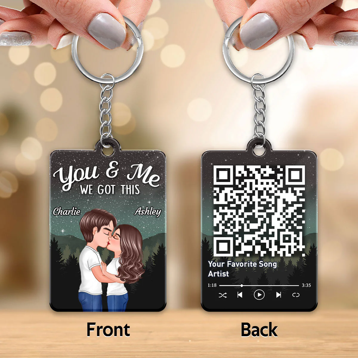 Couple Kissing Under Stars Sky Forest Favorite Song QR Code Personalized Acrylic Keychain - Image 3