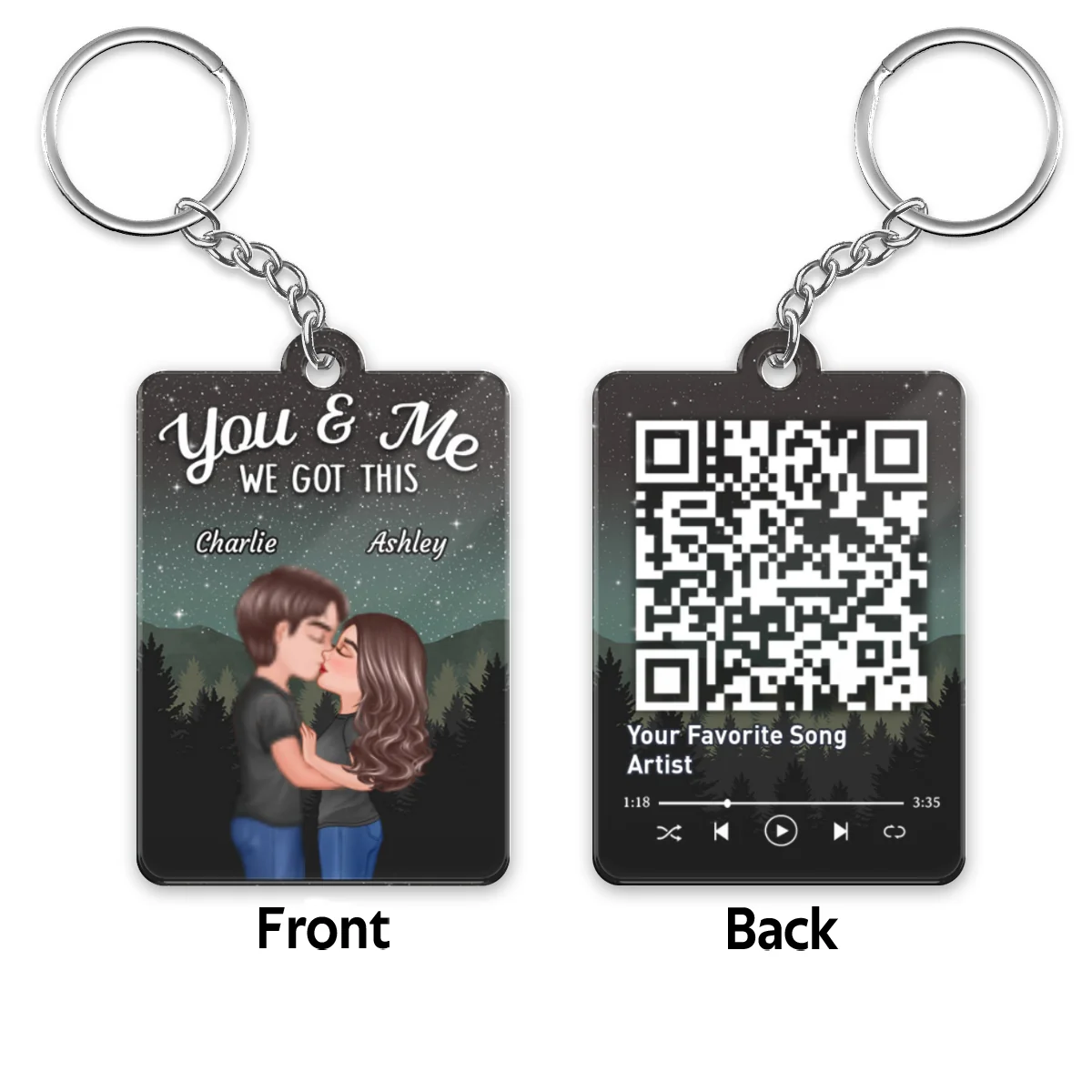 Couple Kissing Under Stars Sky Forest Favorite Song QR Code Personalized Acrylic Keychain - Image 4