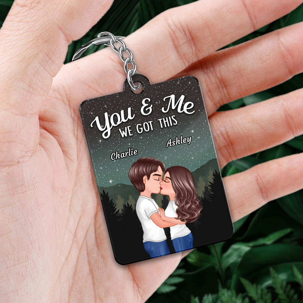 Couple Kissing Under Stars Sky Forest Favorite Song QR Code Personalized Acrylic Keychain - Image 2