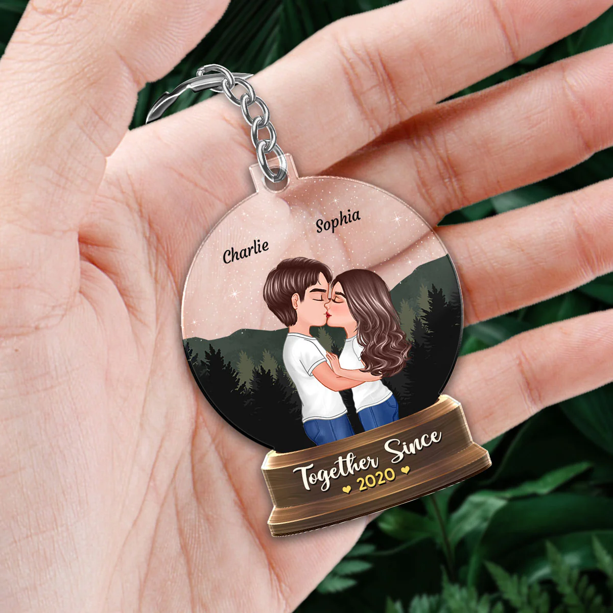 Couple Kissing Under Stars Sky Forest In Globe Personalized Acrylic Keychain - Image 2