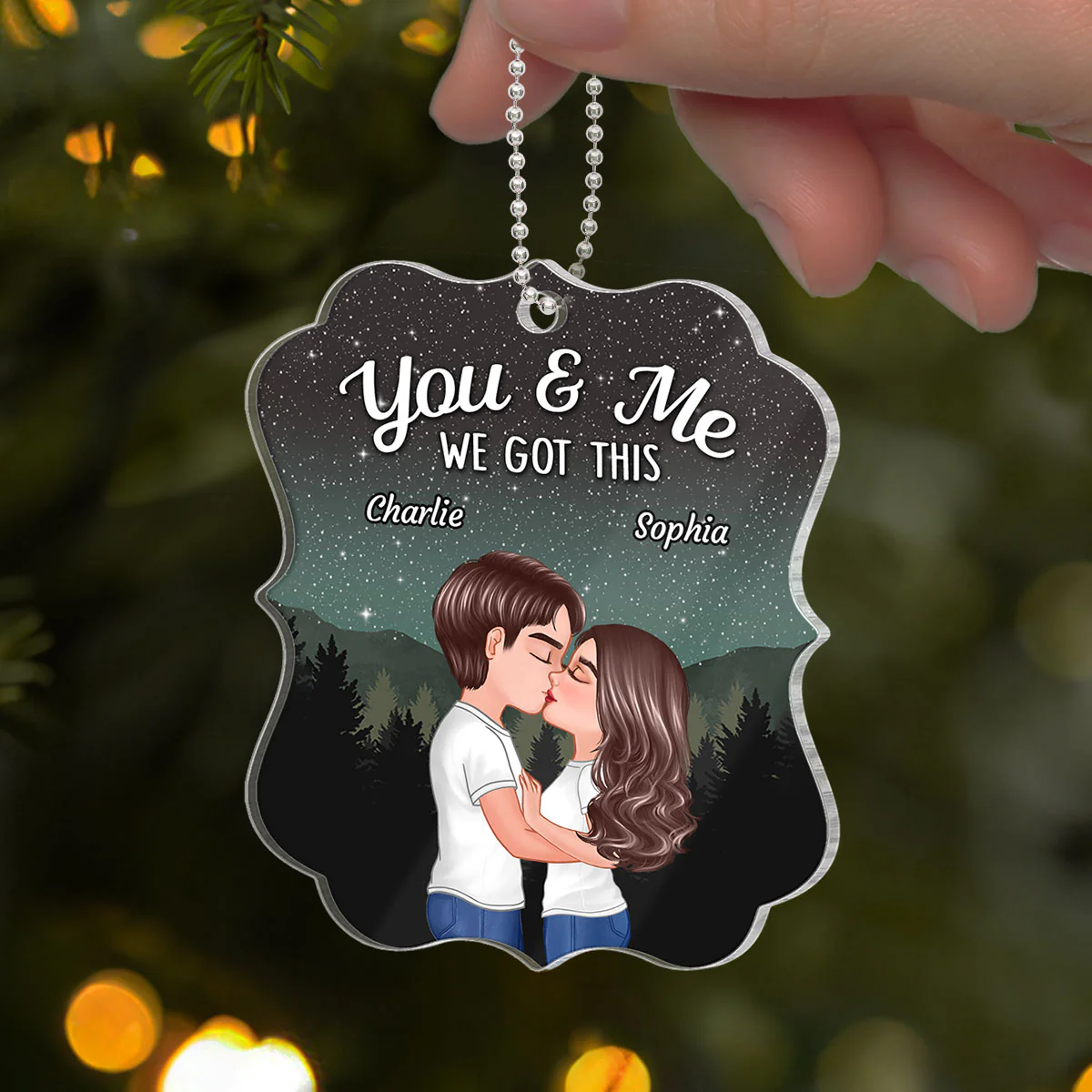 Couple Kissing Under Stars Sky Forest Personalized Acrylic Ornament - Image 3