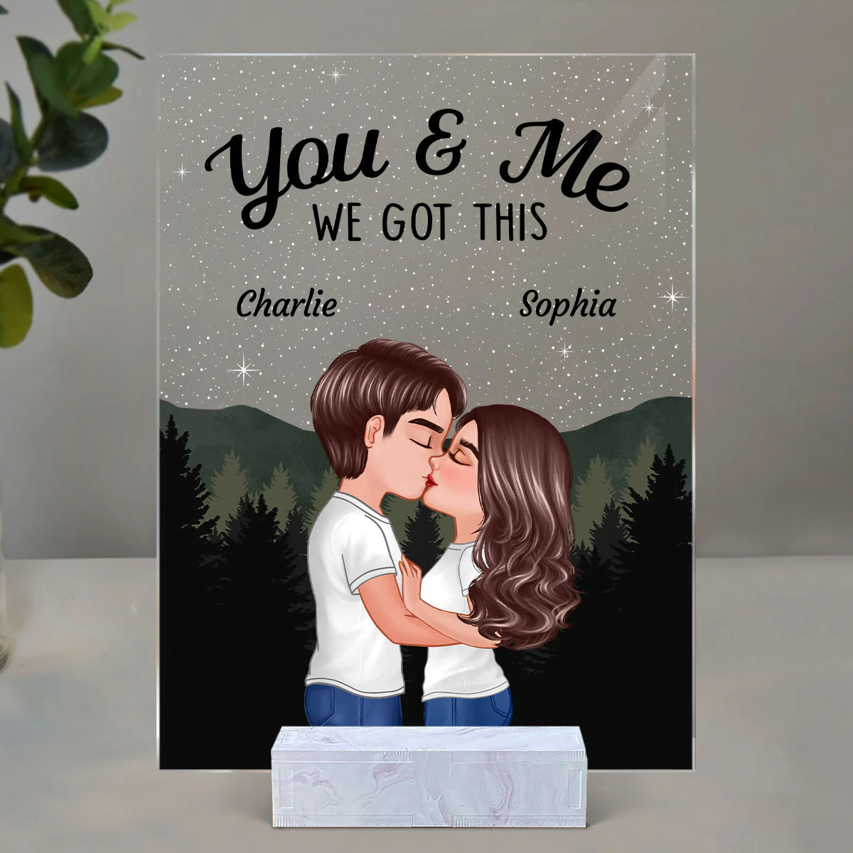 Couple Kissing Under Stars Sky Forest Personalized Acrylic Plaque