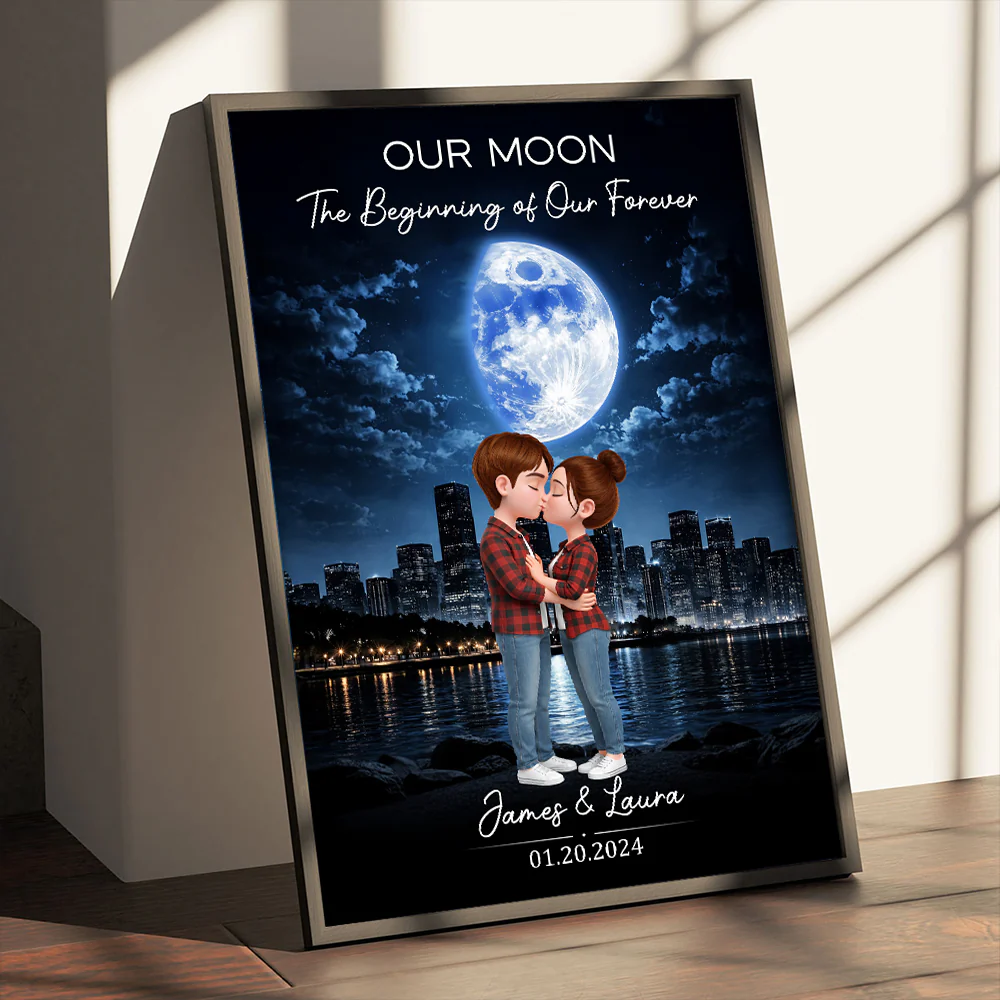 Couple Kissing Under the Moon Light City Skyline, Custom Moon Phase by Date - Personalized Poster - Sentimental Valentine's Day Gift for Her, for Him - Image 2