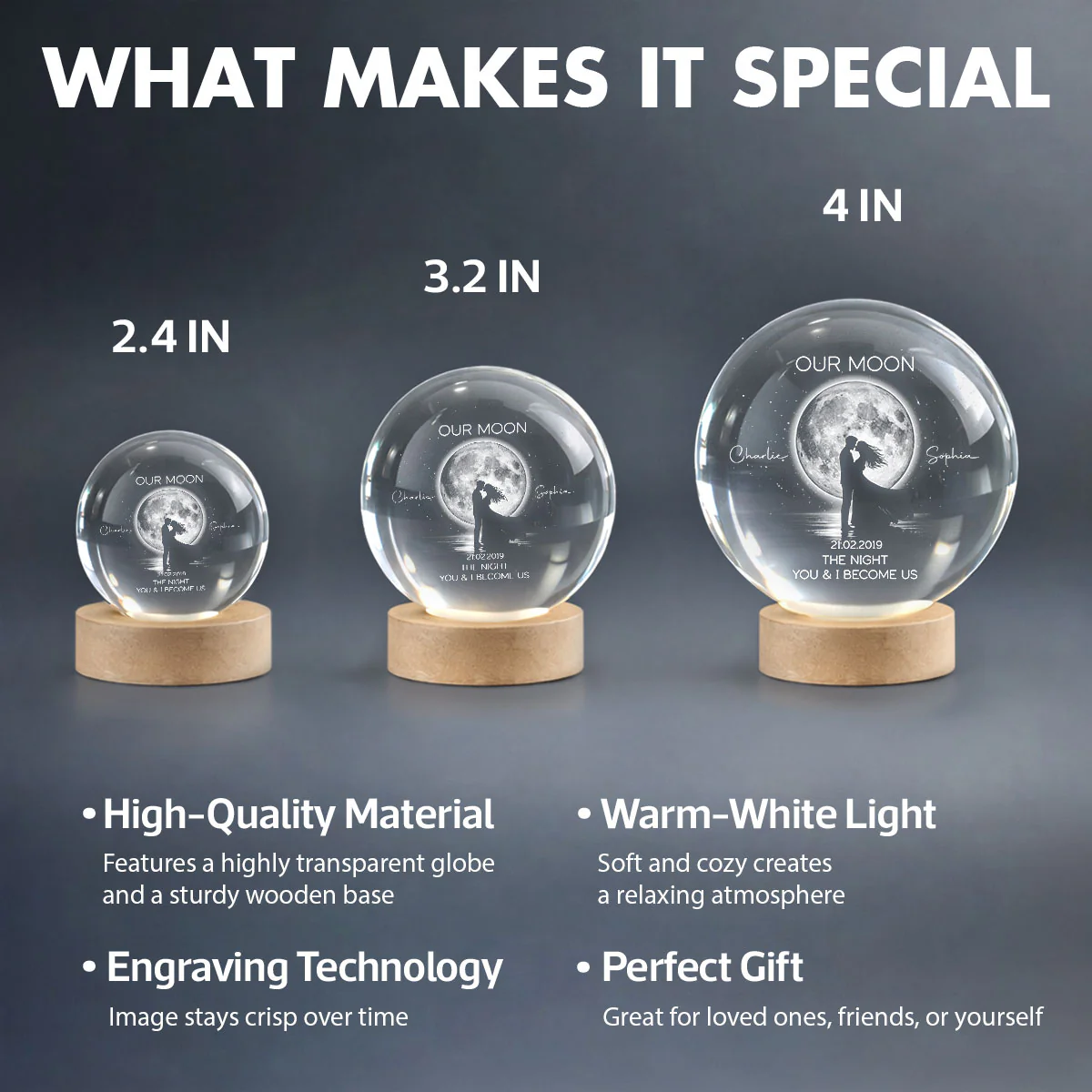 Couple Kissing Under the Moonlight, Custom Moon Phase by Date - Personalized Crystal Ball LED Night Light - Sentimental Gift for Her, for Him - Image 11