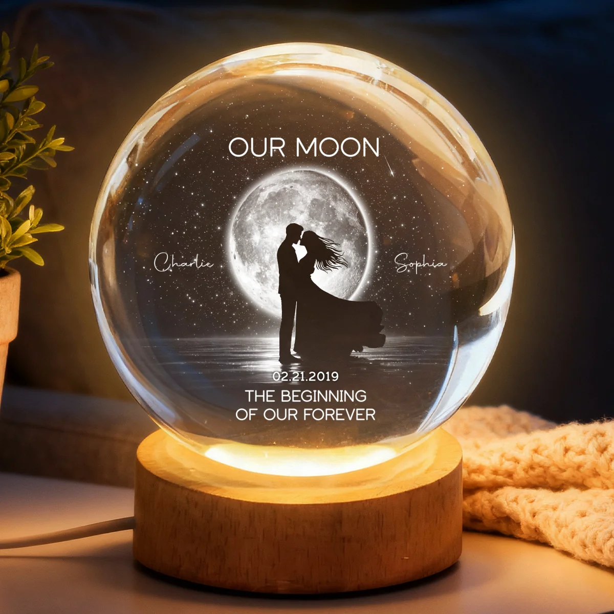 Couple Kissing Under the Moonlight, Custom Moon Phase by Date - Personalized Crystal Ball LED Night Light - Sentimental Gift for Her, for Him - Image 12