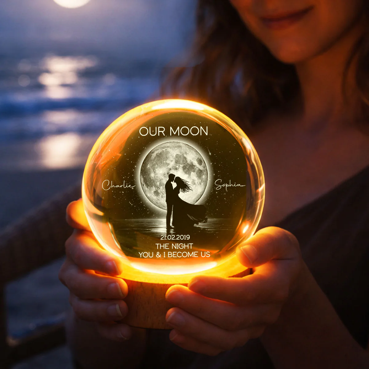 Couple Kissing Under the Moonlight, Custom Moon Phase by Date - Personalized Crystal Ball LED Night Light - Sentimental Gift for Her, for Him - Image 3