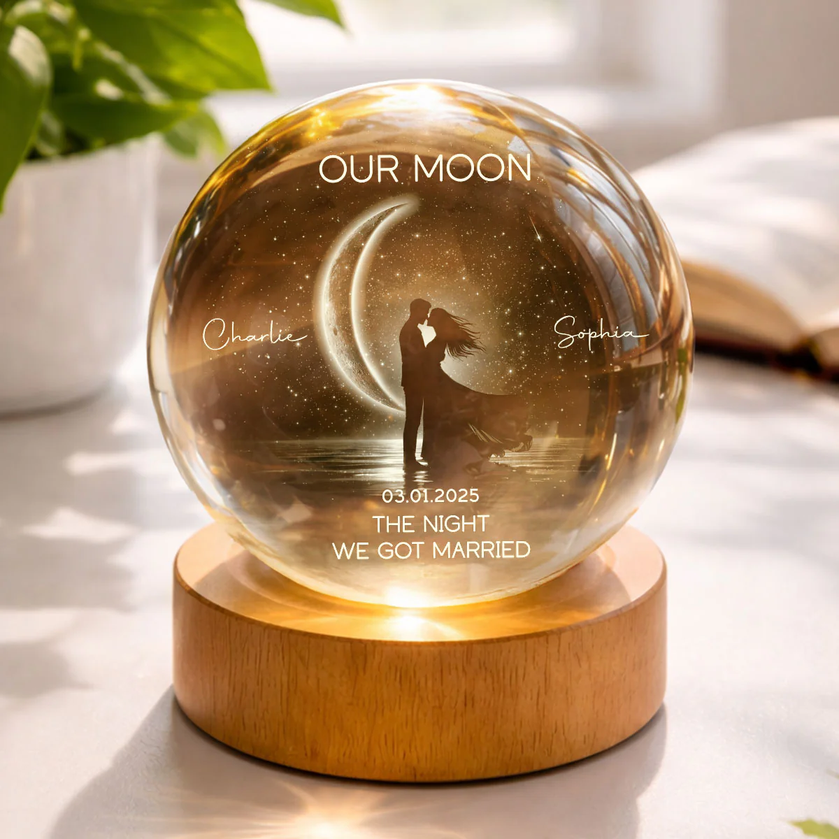 Couple Kissing Under the Moonlight, Custom Moon Phase by Date - Personalized Crystal Ball LED Night Light - Sentimental Gift for Her, for Him - Image 4
