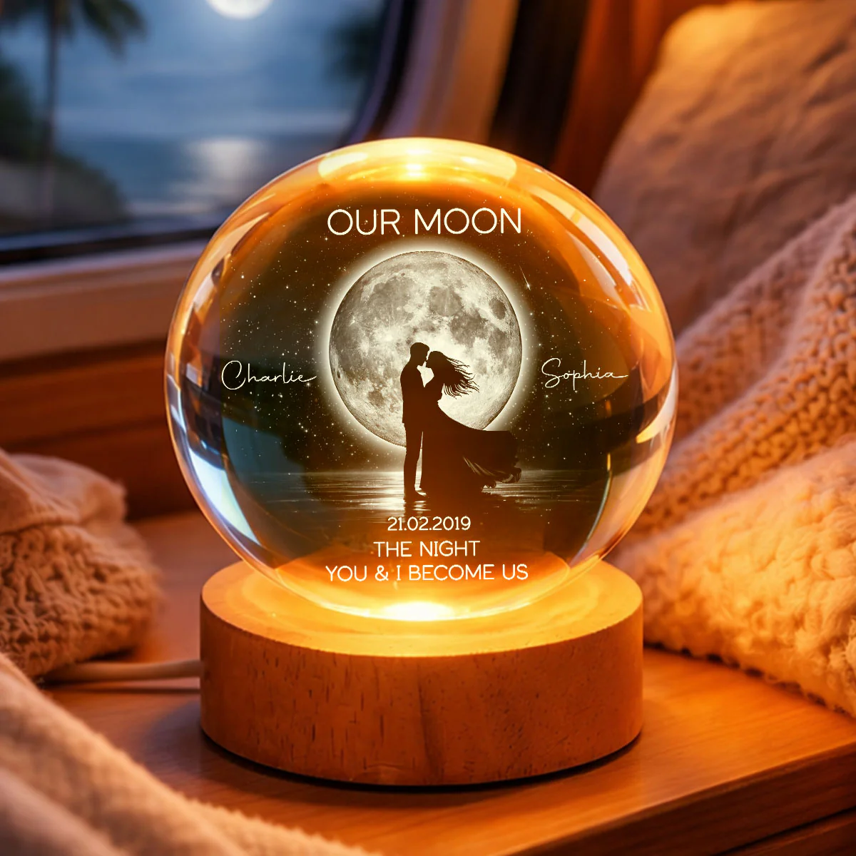 Couple Kissing Under the Moonlight, Custom Moon Phase by Date - Personalized Crystal Ball LED Night Light - Sentimental Gift for Her, for Him - Image 5