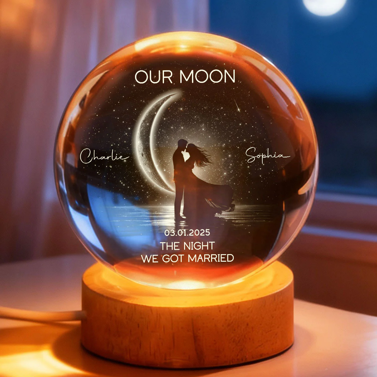 Couple Kissing Under the Moonlight, Custom Moon Phase by Date - Personalized Crystal Ball LED Night Light - Sentimental Gift for Her, for Him - Image 6