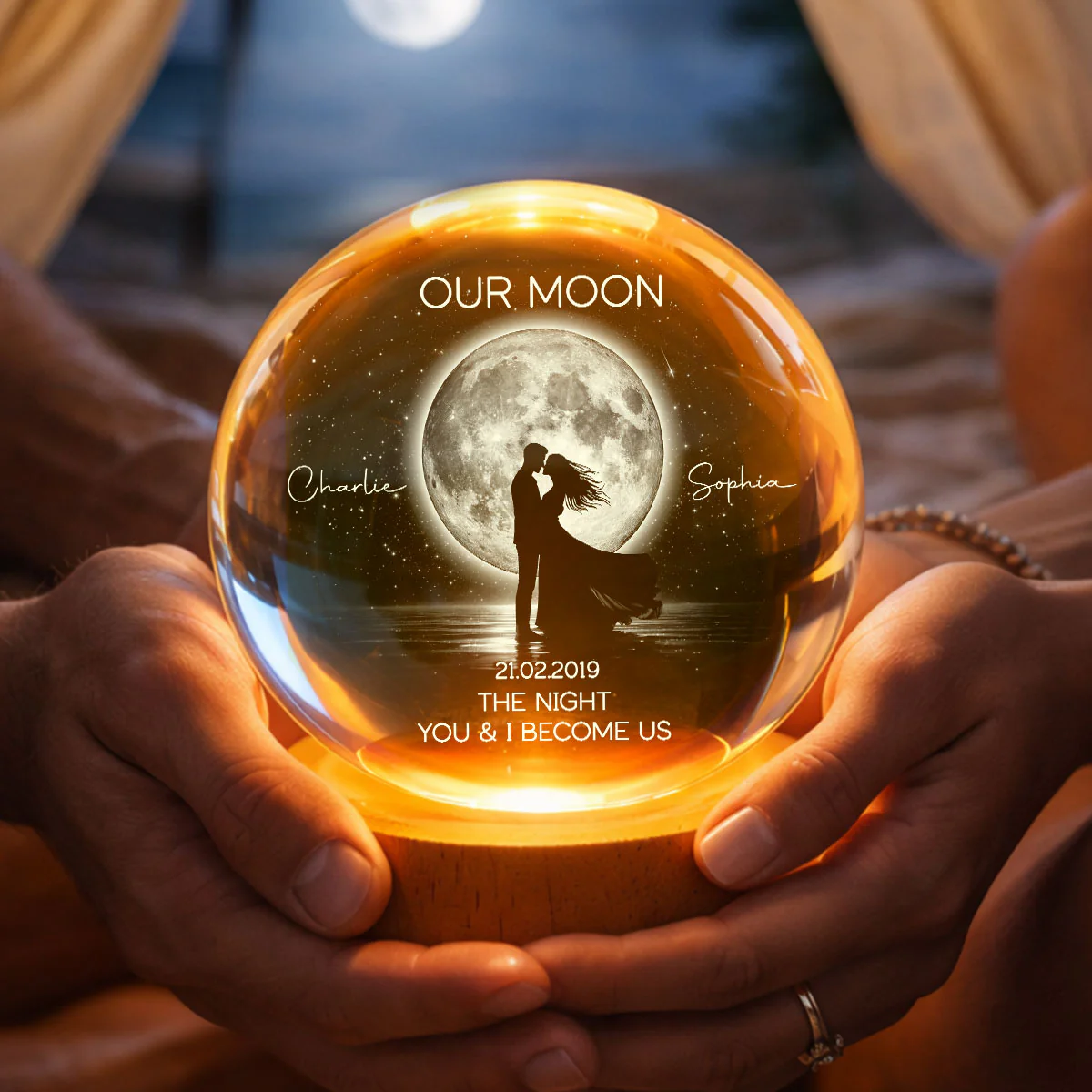 Couple Kissing Under the Moonlight, Custom Moon Phase by Date - Personalized Crystal Ball LED Night Light - Sentimental Gift for Her, for Him - Image 7