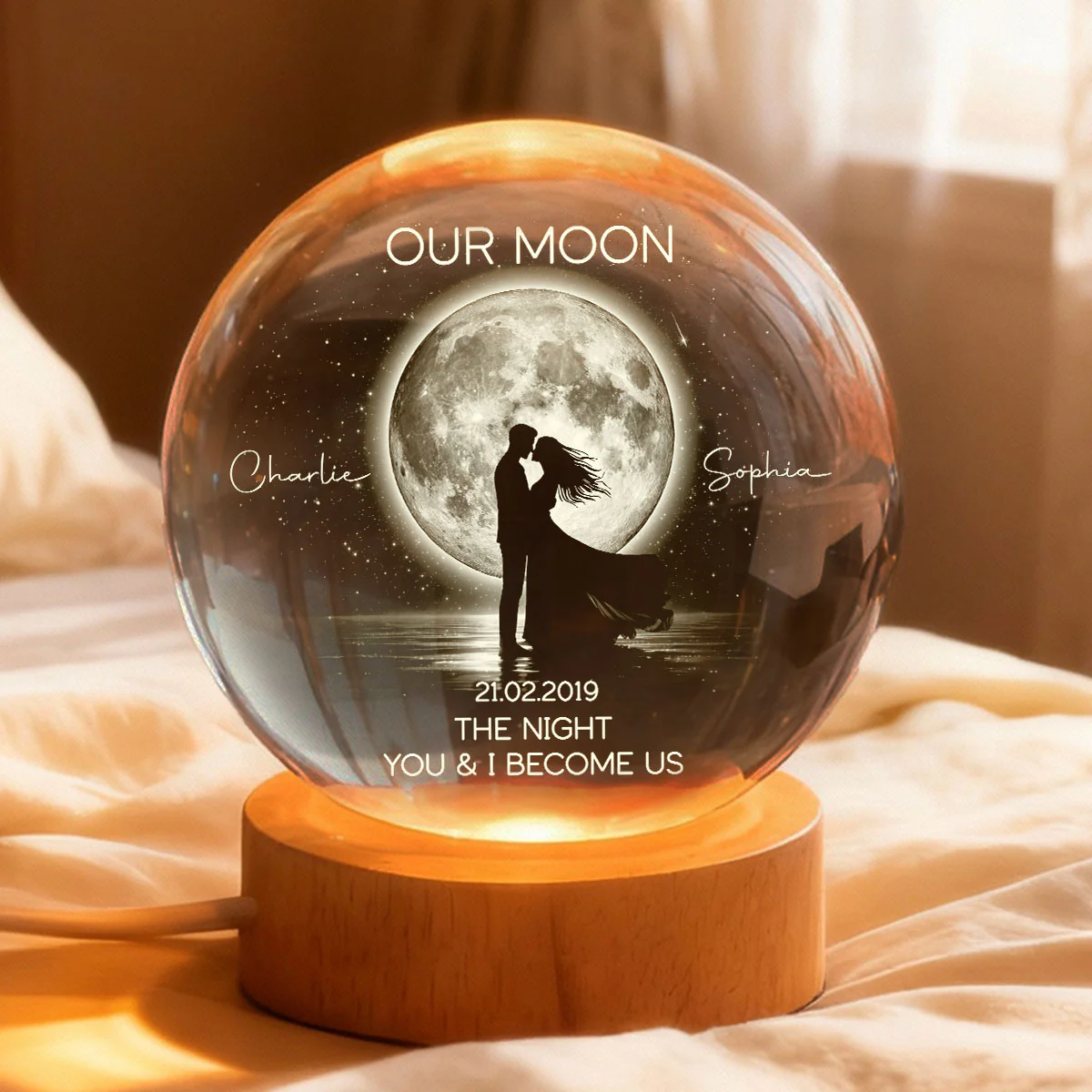 Couple Kissing Under the Moonlight, Custom Moon Phase by Date - Personalized Crystal Ball LED Night Light - Sentimental Gift for Her, for Him - Image 9