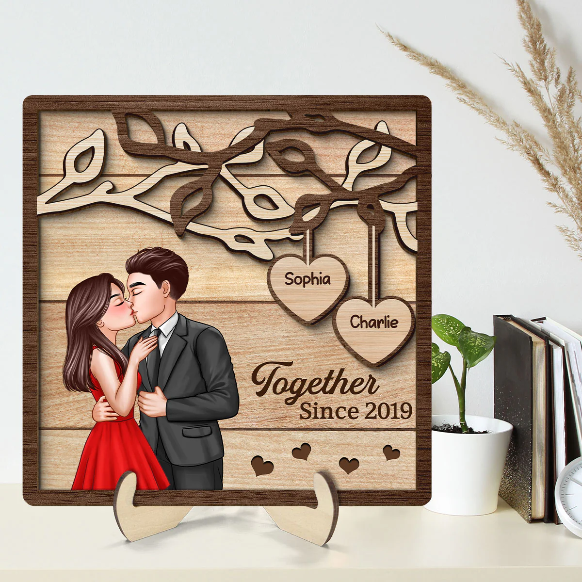 Couple Kissing Under Tree Elegant Couple Personalized 2-Layer Wooden Plaque - Image 2