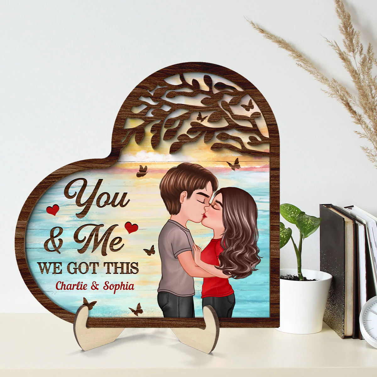 Couple Kissing Under Tree Heart Shaped  Gift For Him For Her Personalized 2-Layer Wooden Plaque - Image 2