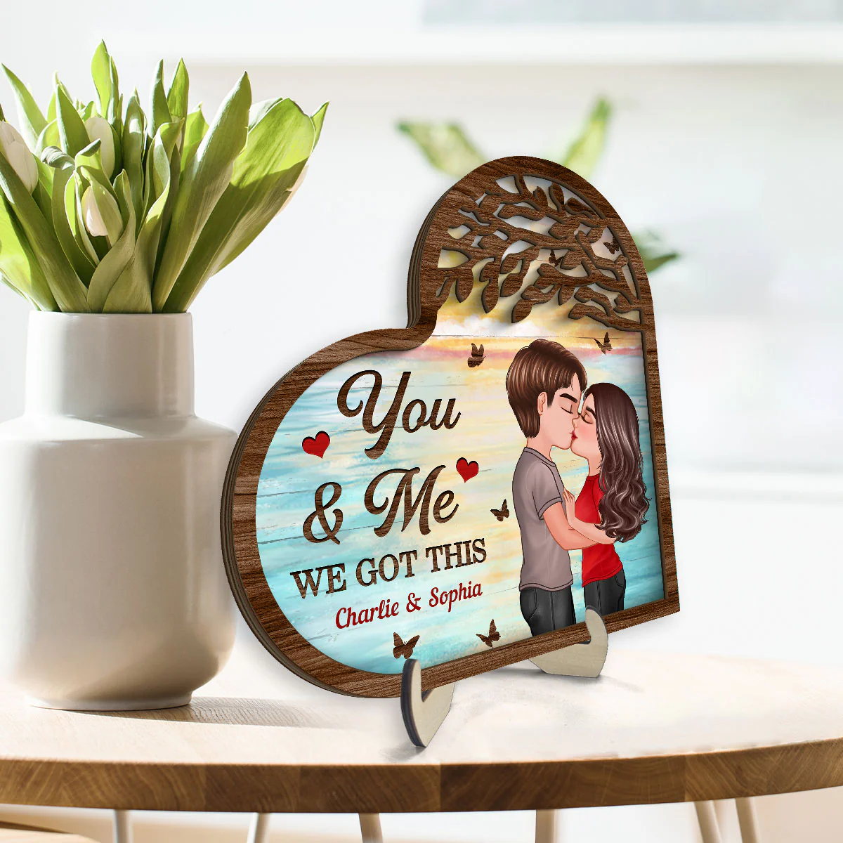Couple Kissing Under Tree Heart Shaped  Gift For Him For Her Personalized 2-Layer Wooden Plaque - Image 3