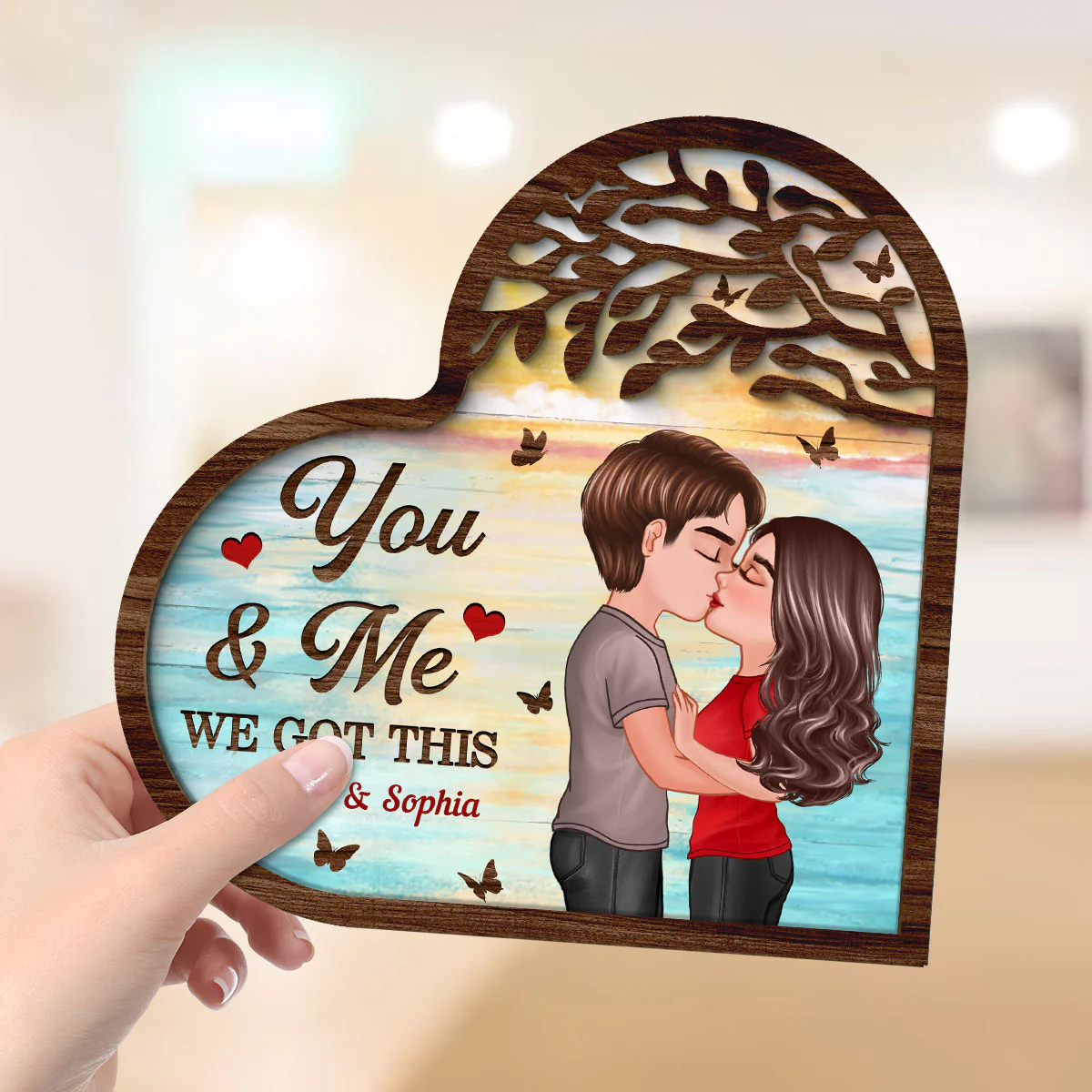 Couple Kissing Under Tree Heart Shaped  Gift For Him For Her Personalized 2-Layer Wooden Plaque - Image 4