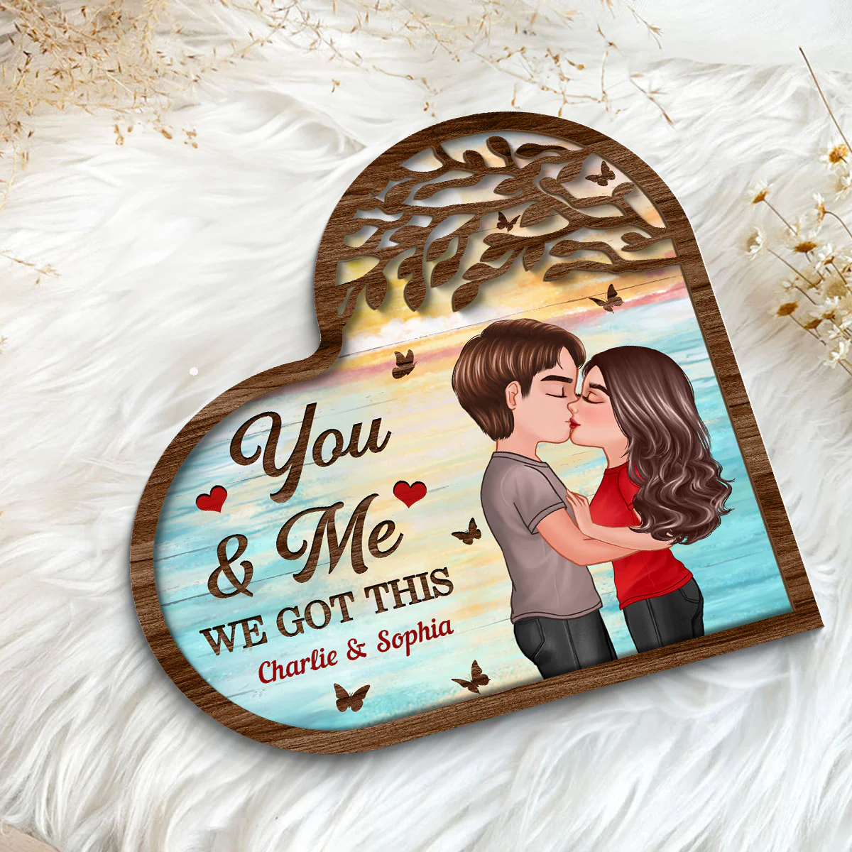 Couple Kissing Under Tree Heart Shaped  Gift For Him For Her Personalized 2-Layer Wooden Plaque - Image 5