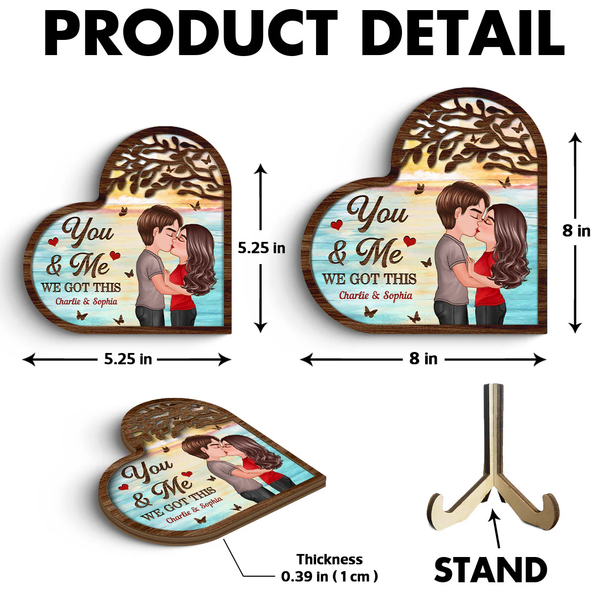 Couple Kissing Under Tree Heart Shaped  Gift For Him For Her Personalized 2-Layer Wooden Plaque - Image 6