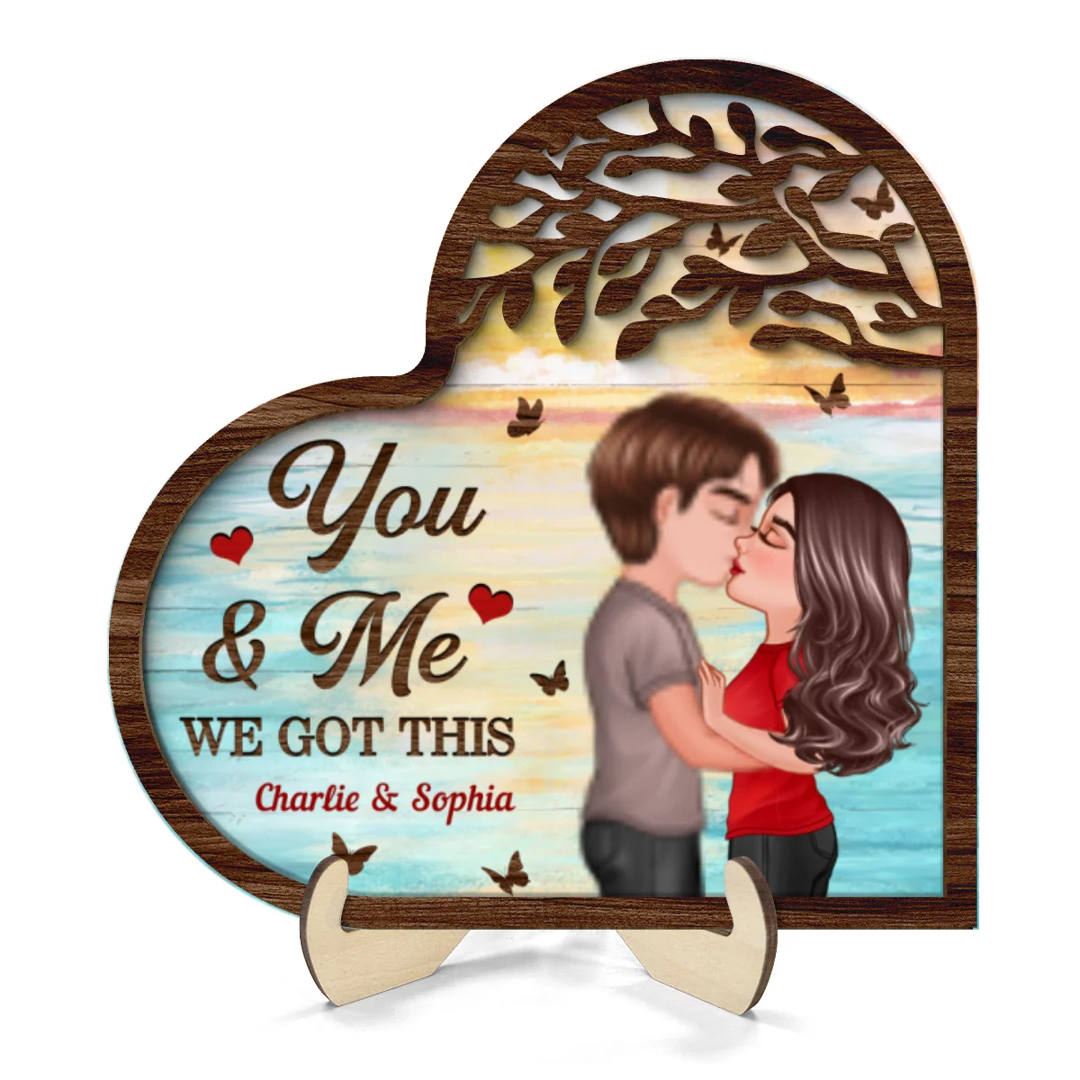 Couple Kissing Under Tree Heart Shaped  Gift For Him For Her Personalized 2-Layer Wooden Plaque - Image 8