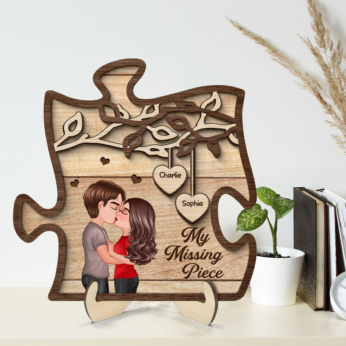 Couple Kissing Under Tree My Missing Piece Personalized 2-Layer Wooden Plaque - Image 2
