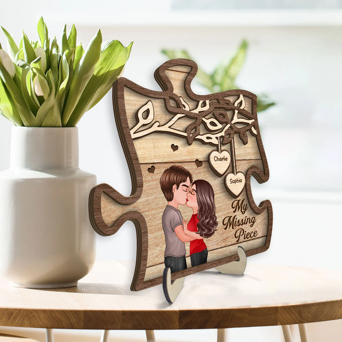 Couple Kissing Under Tree My Missing Piece Personalized 2-Layer Wooden Plaque - Image 3