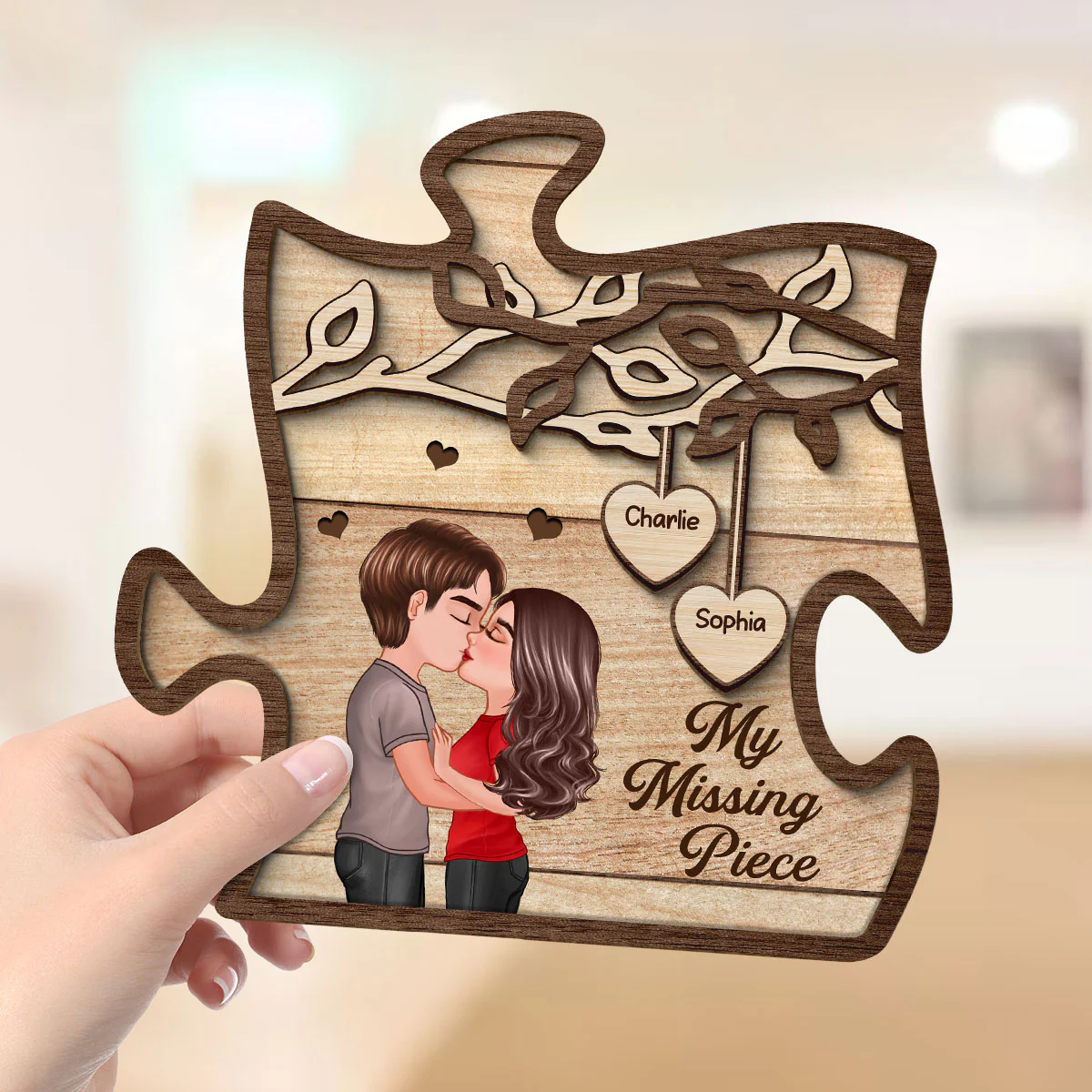 Couple Kissing Under Tree My Missing Piece Personalized 2-Layer Wooden Plaque - Image 4