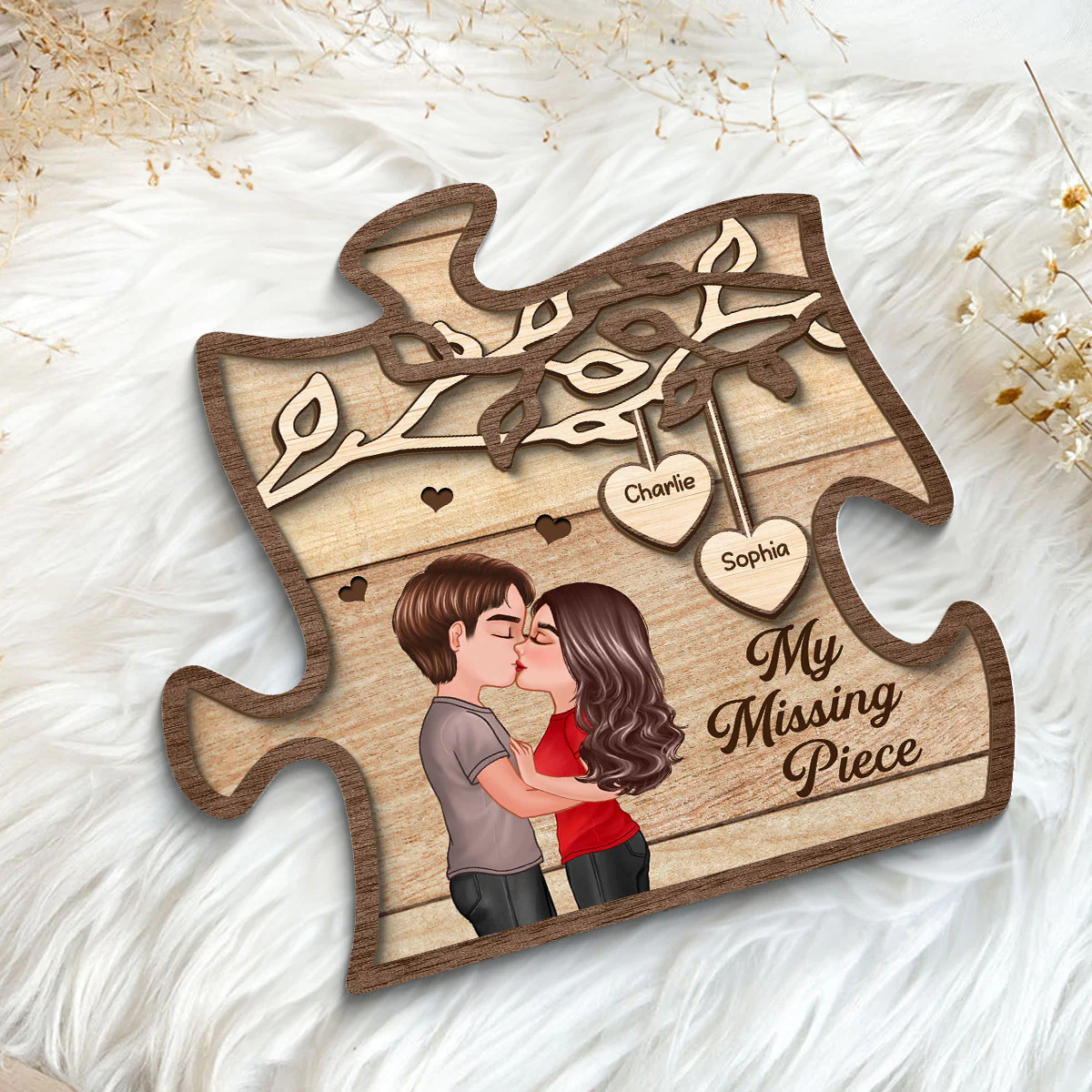 Couple Kissing Under Tree My Missing Piece Personalized 2-Layer Wooden Plaque - Image 5