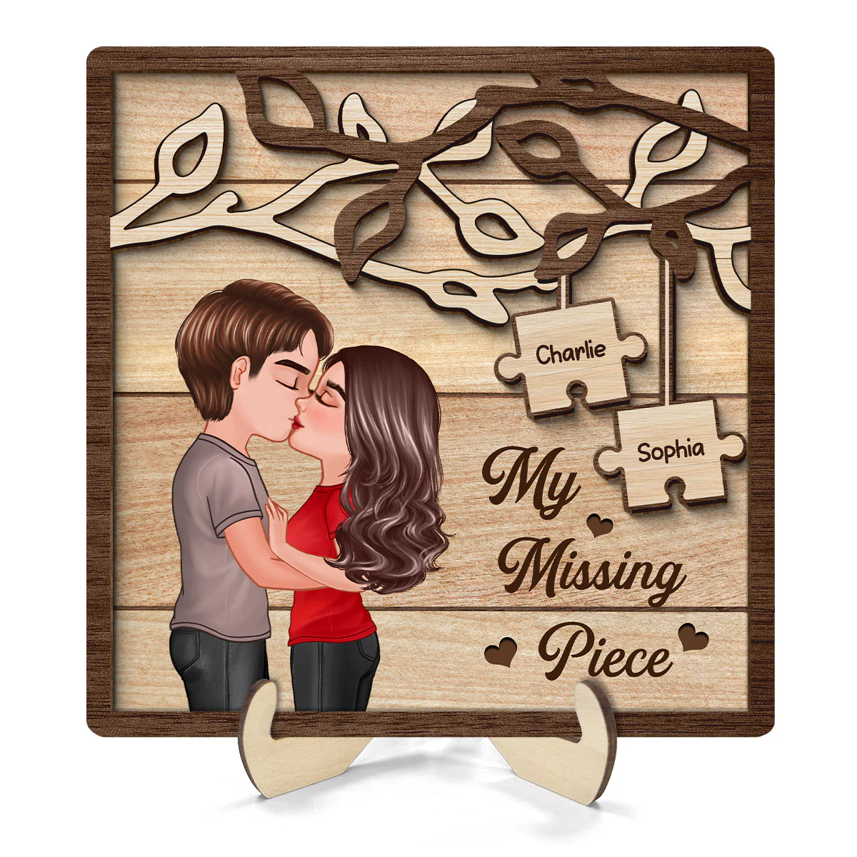 Couple Kissing Under Tree My Missing Piece Personalized 2-Layer Wooden Plaque