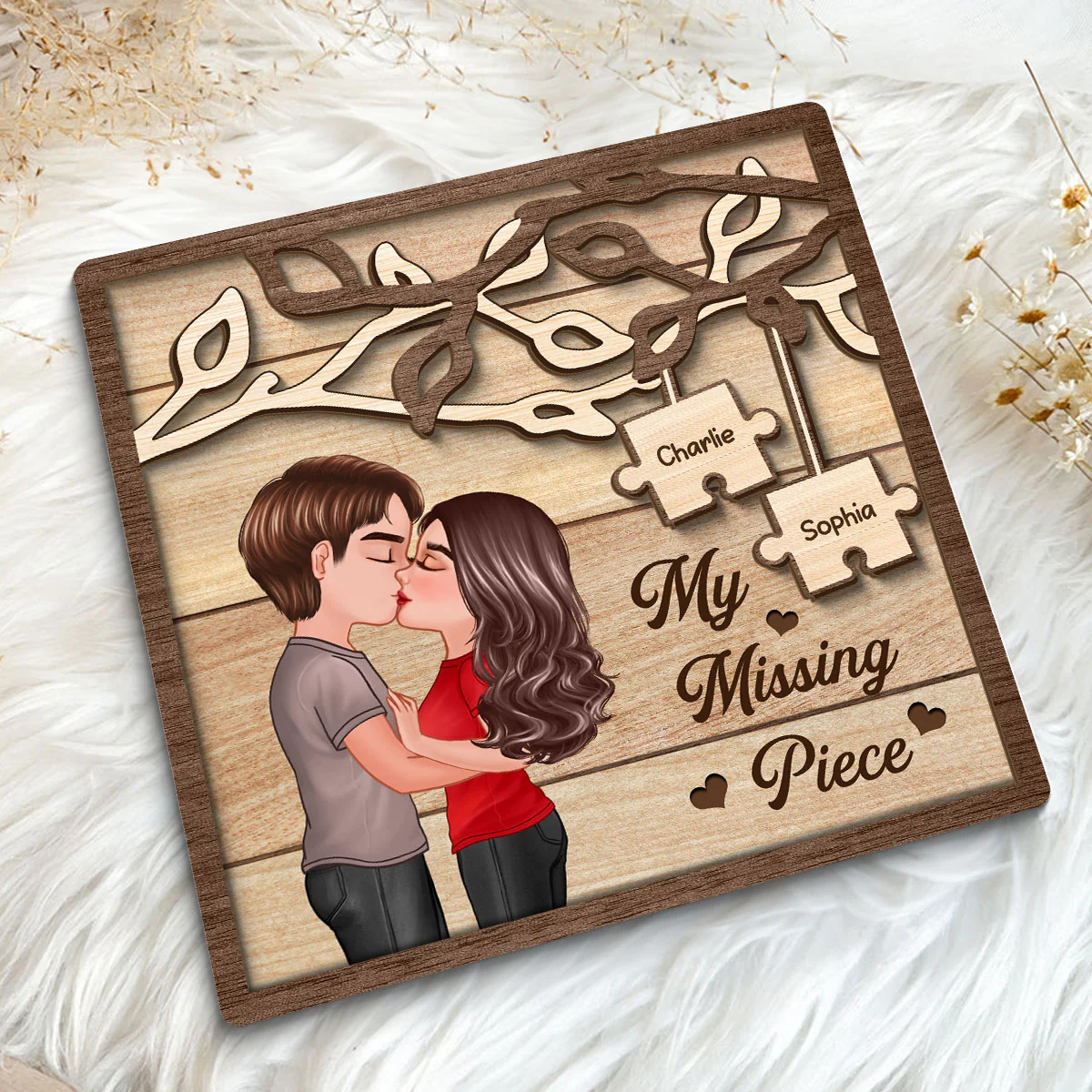 Couple Kissing Under Tree My Missing Piece Personalized 2-Layer Wooden Plaque - Image 5