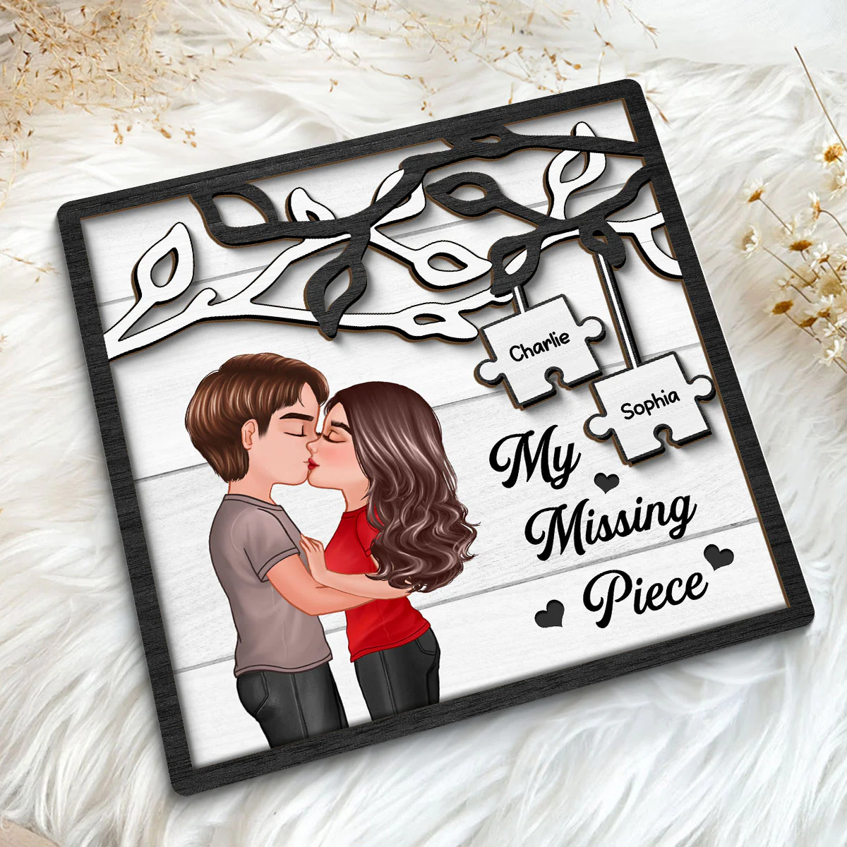 Couple Kissing Under Tree My Missing Piece Personalized 2-Layer Wooden Plaque - Image 8