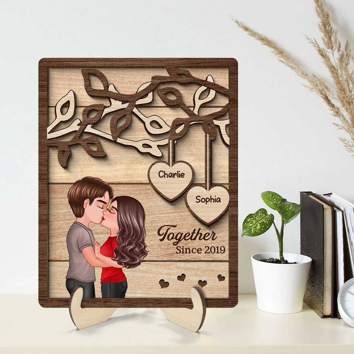 Couple Kissing Under Tree Personalized 2-Layer Rectangle Wooden Plaque - Image 2