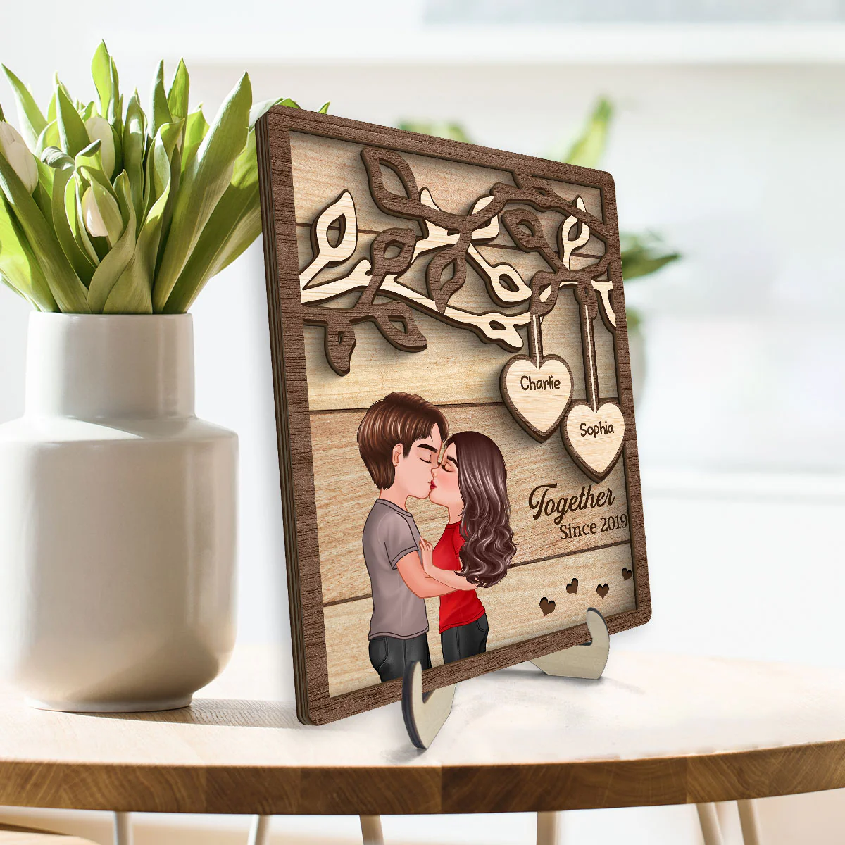 Couple Kissing Under Tree Personalized 2-Layer Rectangle Wooden Plaque - Image 3