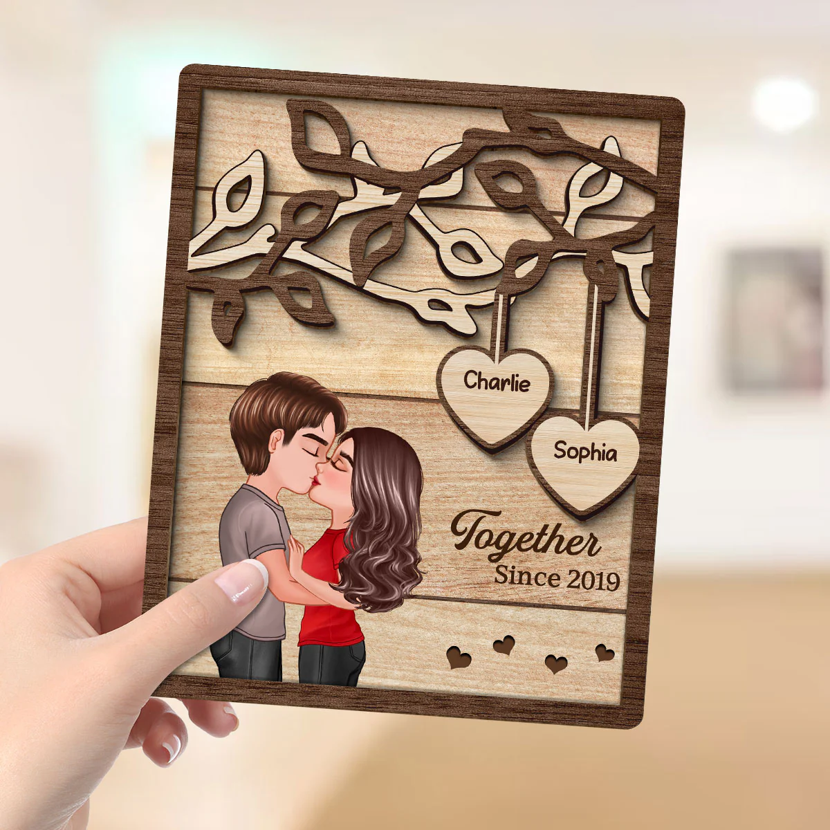 Couple Kissing Under Tree Personalized 2-Layer Rectangle Wooden Plaque - Image 4